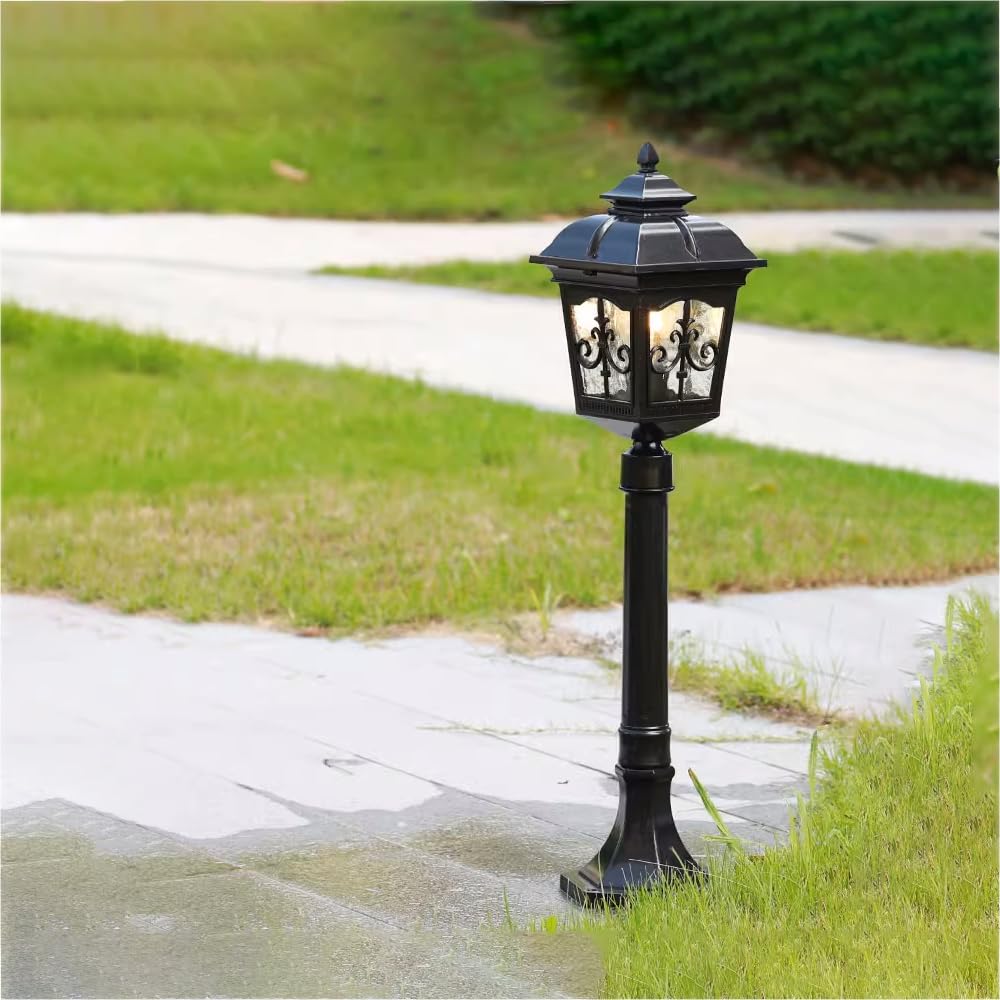 XINYASEE Lampione da esterno in alluminio nero, impermeabile, con paralume in vetro satinato; Palo luminoso a palo E27, ideale per cortili, vialetti, cortili e vialetti del giardino