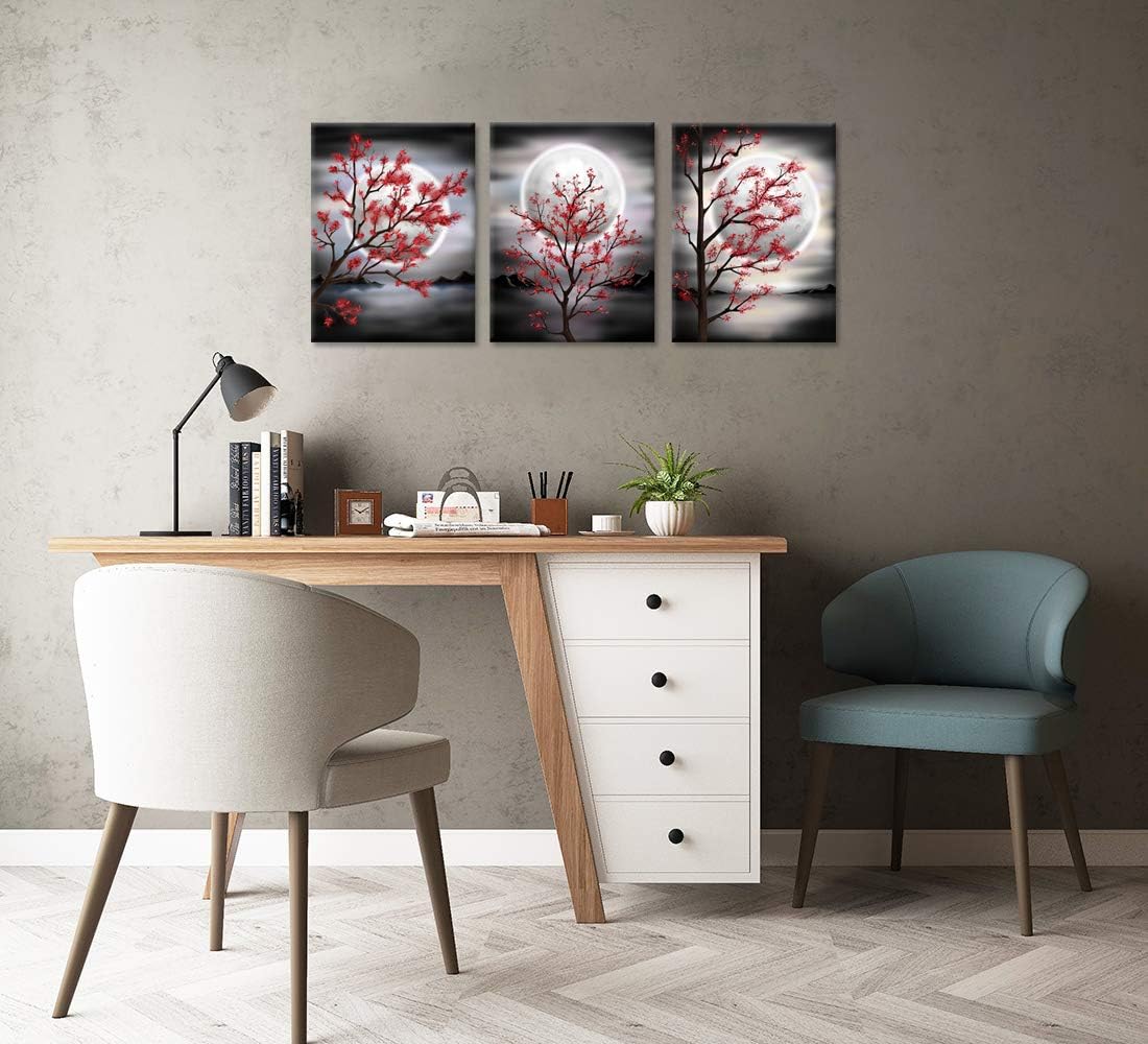 Zlove Natural Canvas Wall Art Red Moon Flower Tree Wall Decor Landscape Painting Pictures for Bedroom, 12"x16", 3Pcs