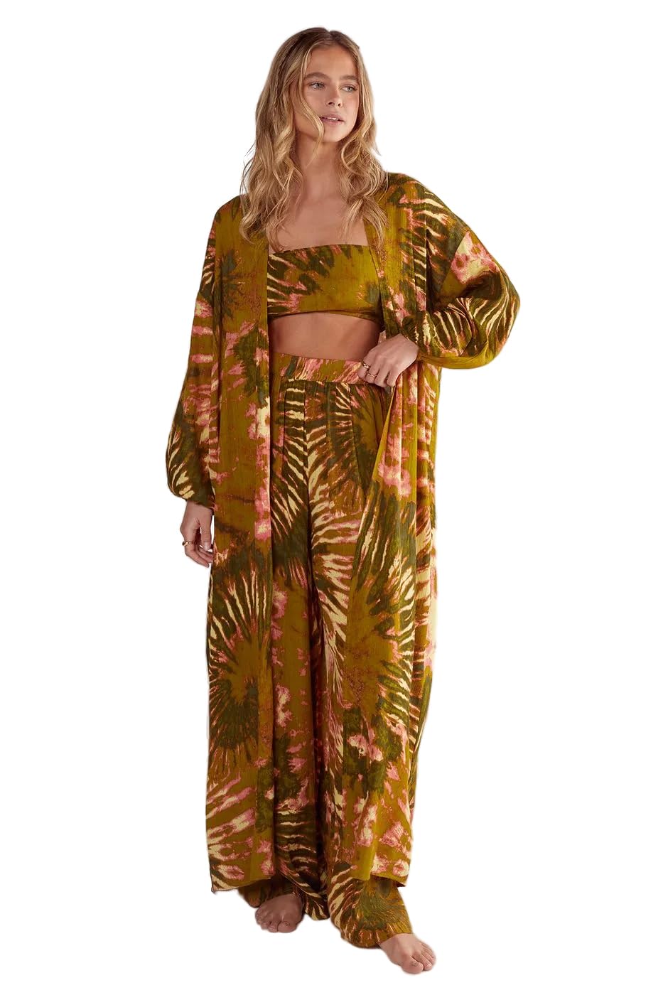 Women's Crinkle Viscose Tie Dye Bandeau, Pants, Kimono 3pc Set-image-35
