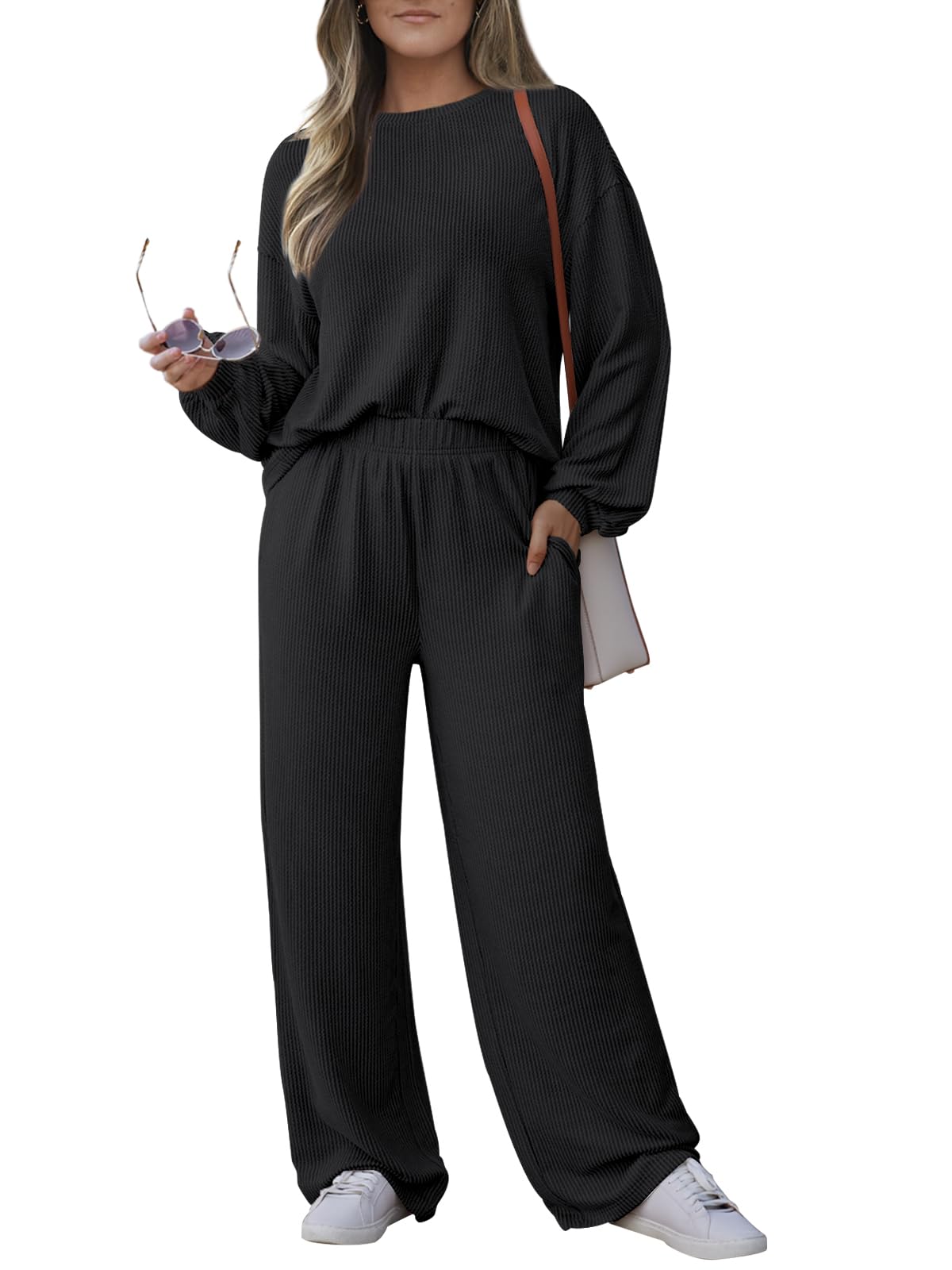 AUTOMETWomens 2 Piece Outfits Lounge Matching Two Piece Sets 2024 Fall Fashion Clothes Soft Wide Leg Pants Casual Tracksuits