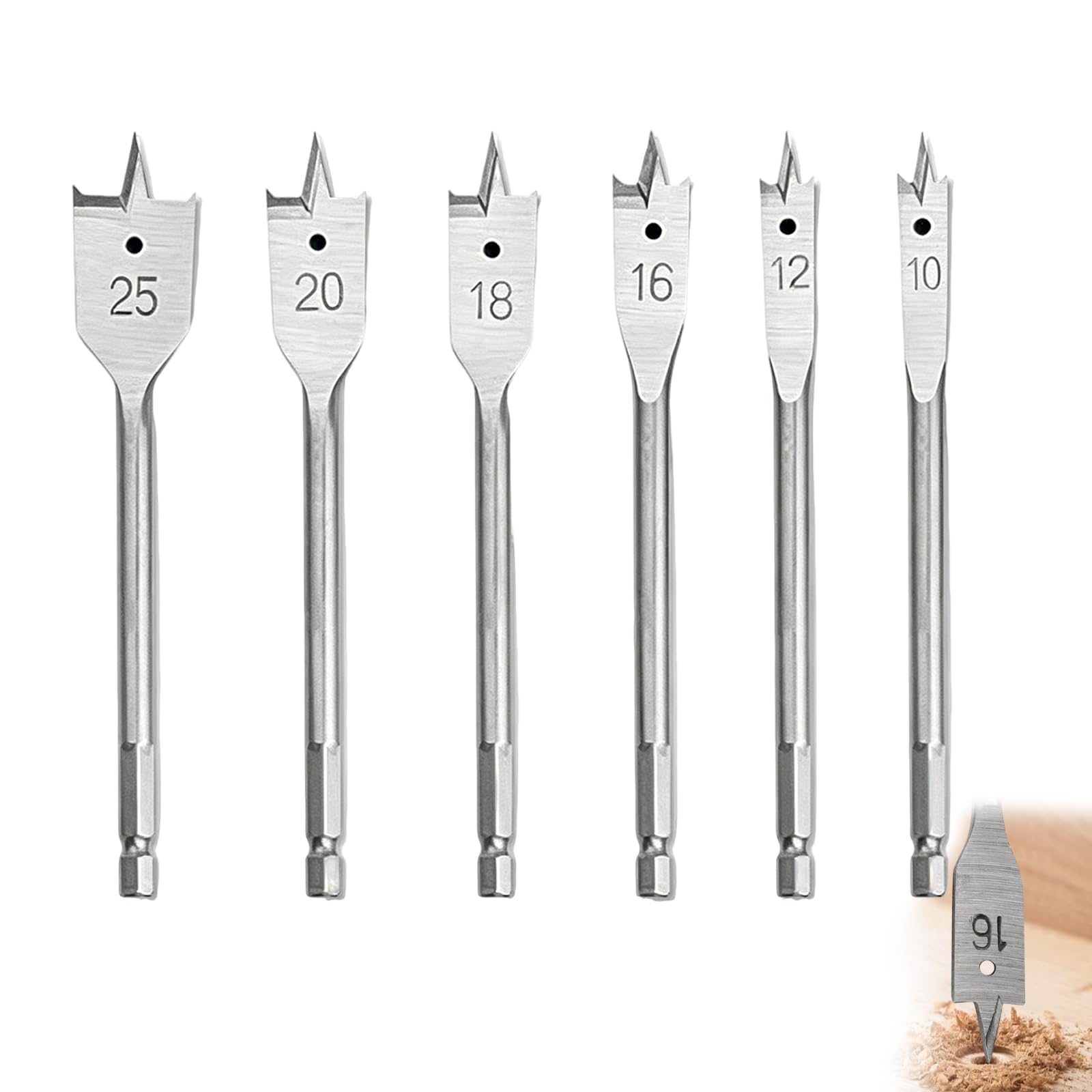 6PCS Wood Drill Bits Set, 10-25mm Bits Hex Shank Paddle Spade Drill Bit Set