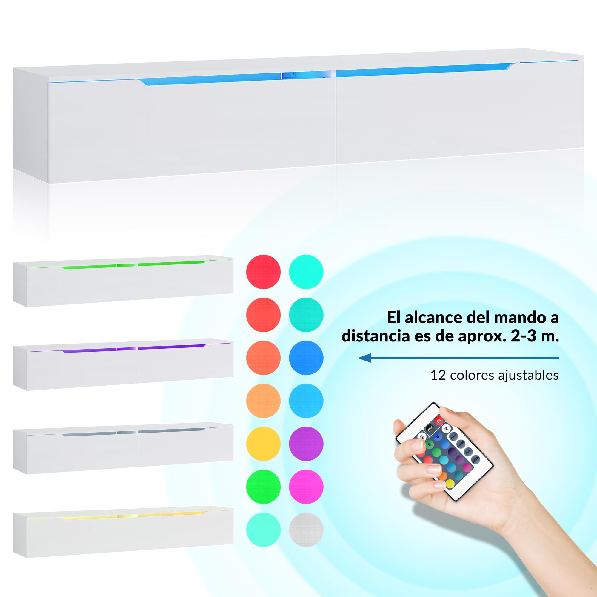 SONNI Mueble TV con Luz LED Regulables de 12 Colores,Mueble de Salón Blanco 180x35x30cm