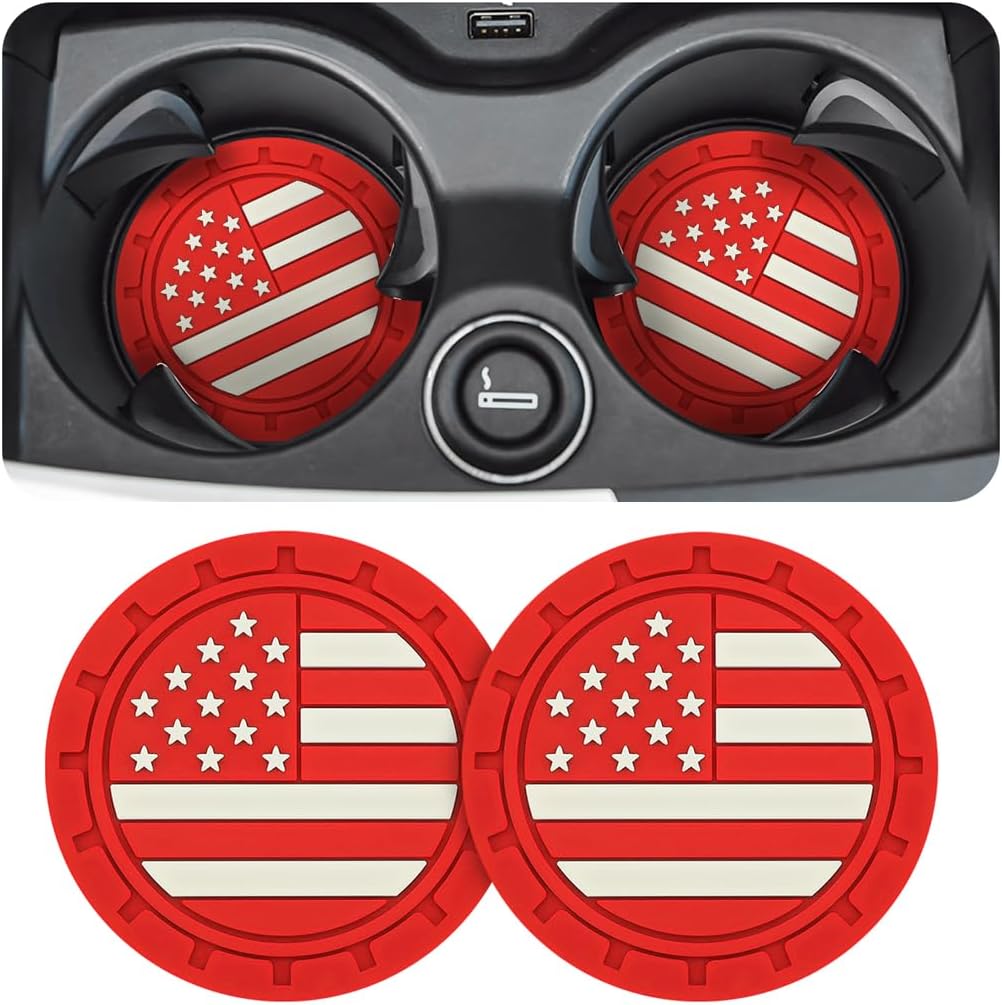 AUCELI 4 Pack Car Cup Holder Coasters, Colored American Flag US Flag Insert Car Cup Coaster, 2.75 Inch Anti Slip Shockproof Embedded Drink Mat, Vehicle Interior Decor Accessories