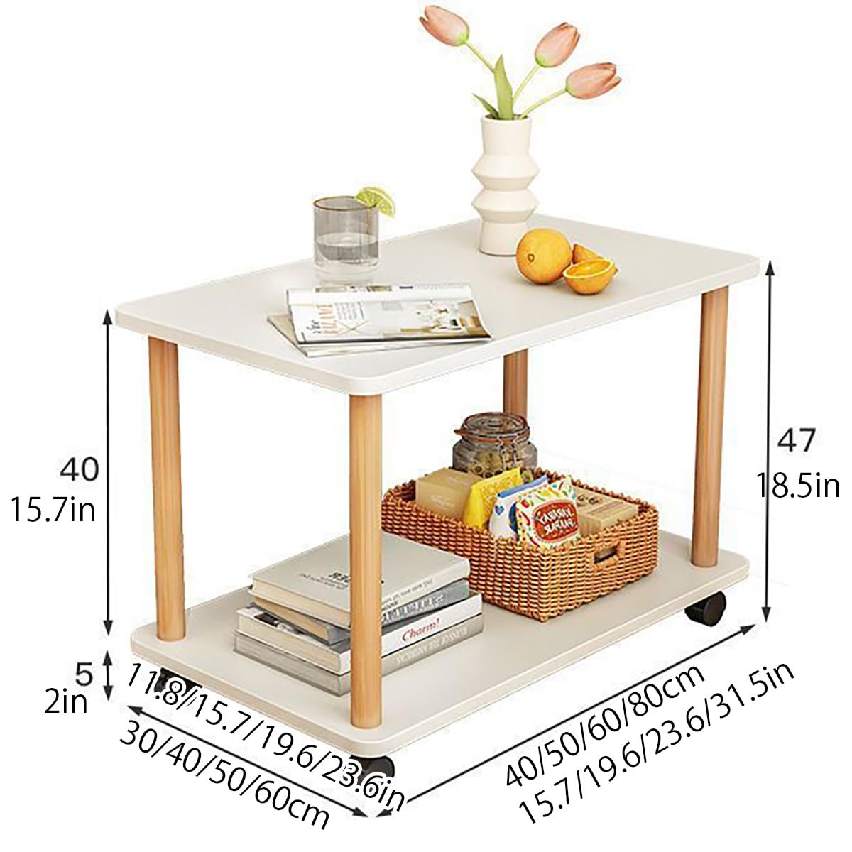 Mesa Auxiliar De 2 Niveles con Ruedas,Mesas Auxiliares De Madera para Salon,Mesa Sofa Estrecha Pequeña,Mesa De Centro para Salón Moderno,Mesita De Noche(Brown,60 * 30cm/23.6 * 12in)