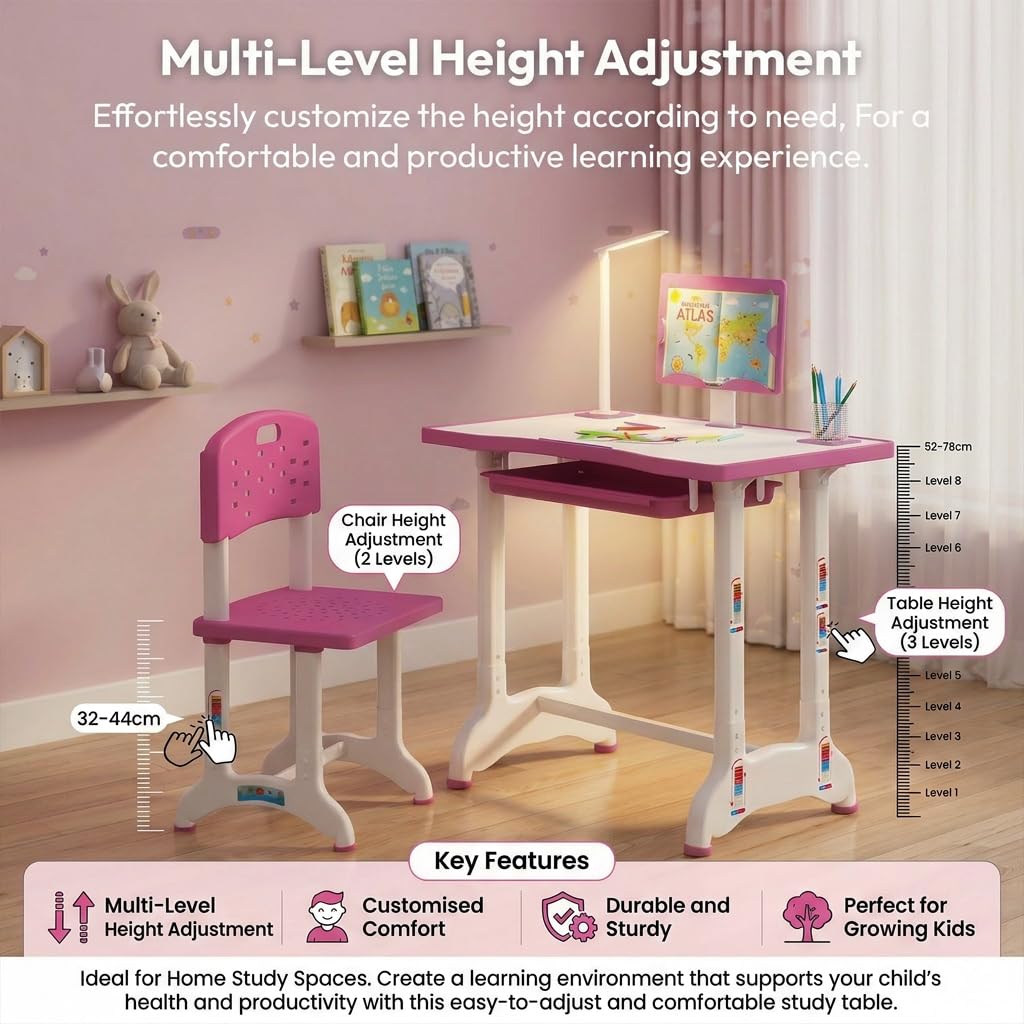 StarAndDaisy Study Table for Kids 3-12years Boys Girls/Kids Study Table with Hight Adjustable Table & Chair, Book Storage, Book Holder & Cup Holder (Blue (with LED LAMP) (E60-Pink) 3