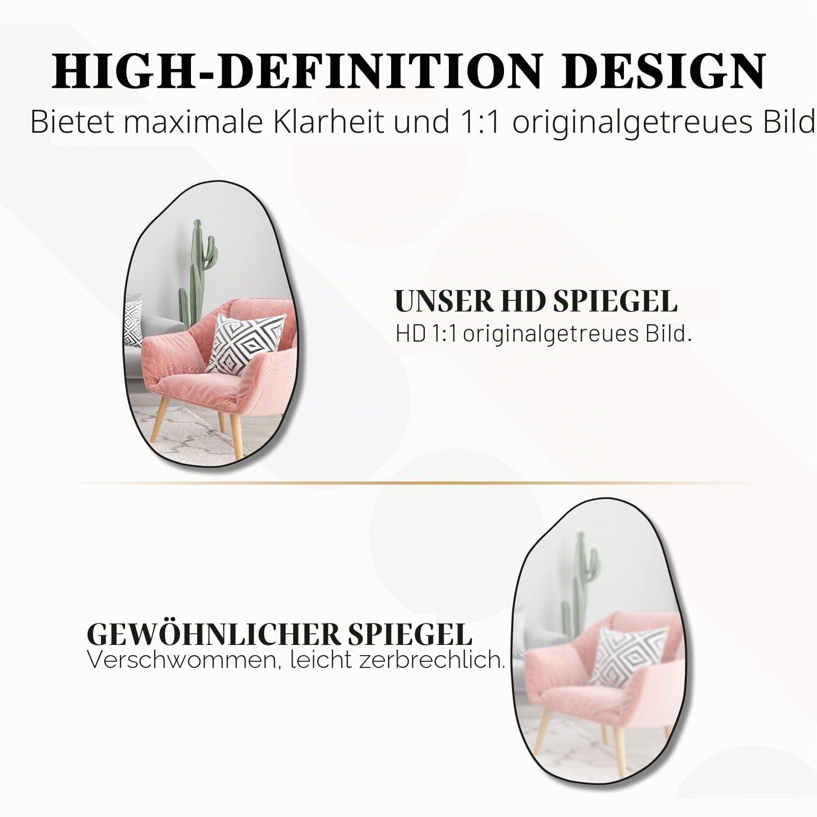 Asymmetrischer Spiegel, Unregelmäßiger Wandspiegel, Einzigartiger Kosmetikspiegel, Geformter Ankleidespiegel, Dekorativ für Wohnzimmer, Badezimmer, Schlafzimmer, 85 x 52 cm