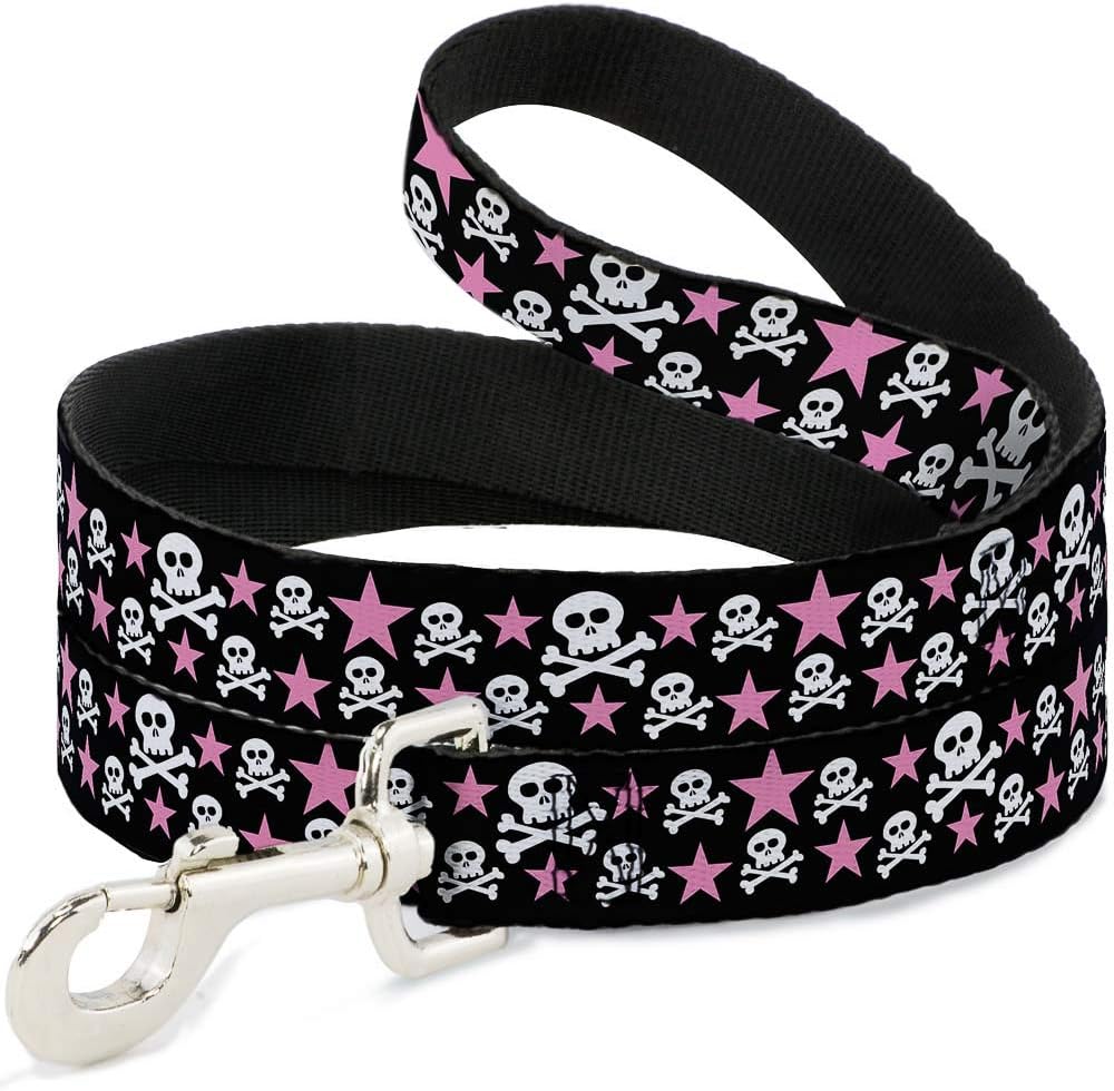 Dog Leash Skulls Stars Black White Pink 6 Feet Long 1.0 Inch Wide