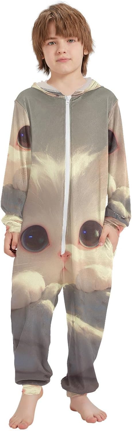 Cute White CatSleepwear Holiday PajamasSoft Casual Hooded One-Piecing Sleeper Loungewearfor Parties Sleepovers