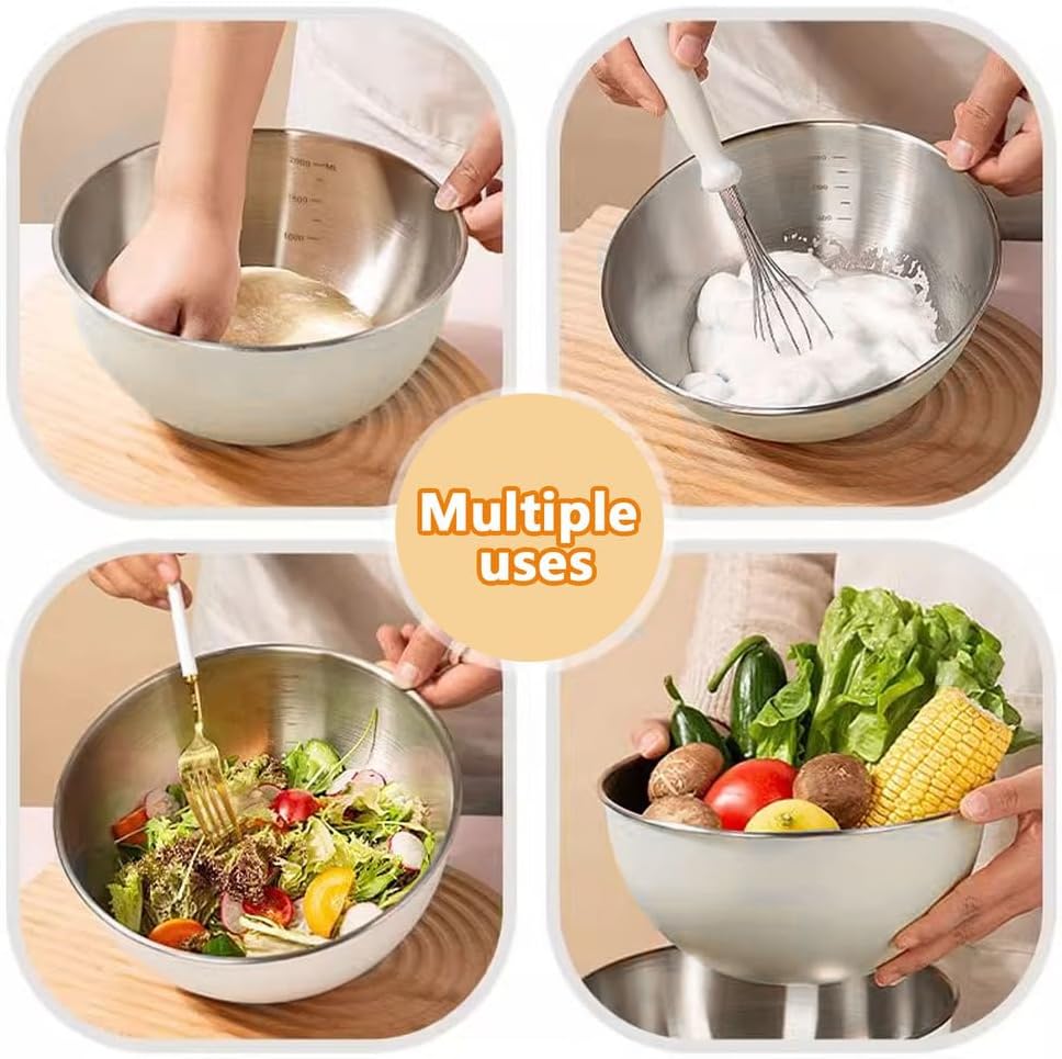 AIZYR Stainless Steel Mixing Bowls Set, Cooking Bowl with Measurement Mark Food Storage Containers for Kitchen, Cooking, Baking