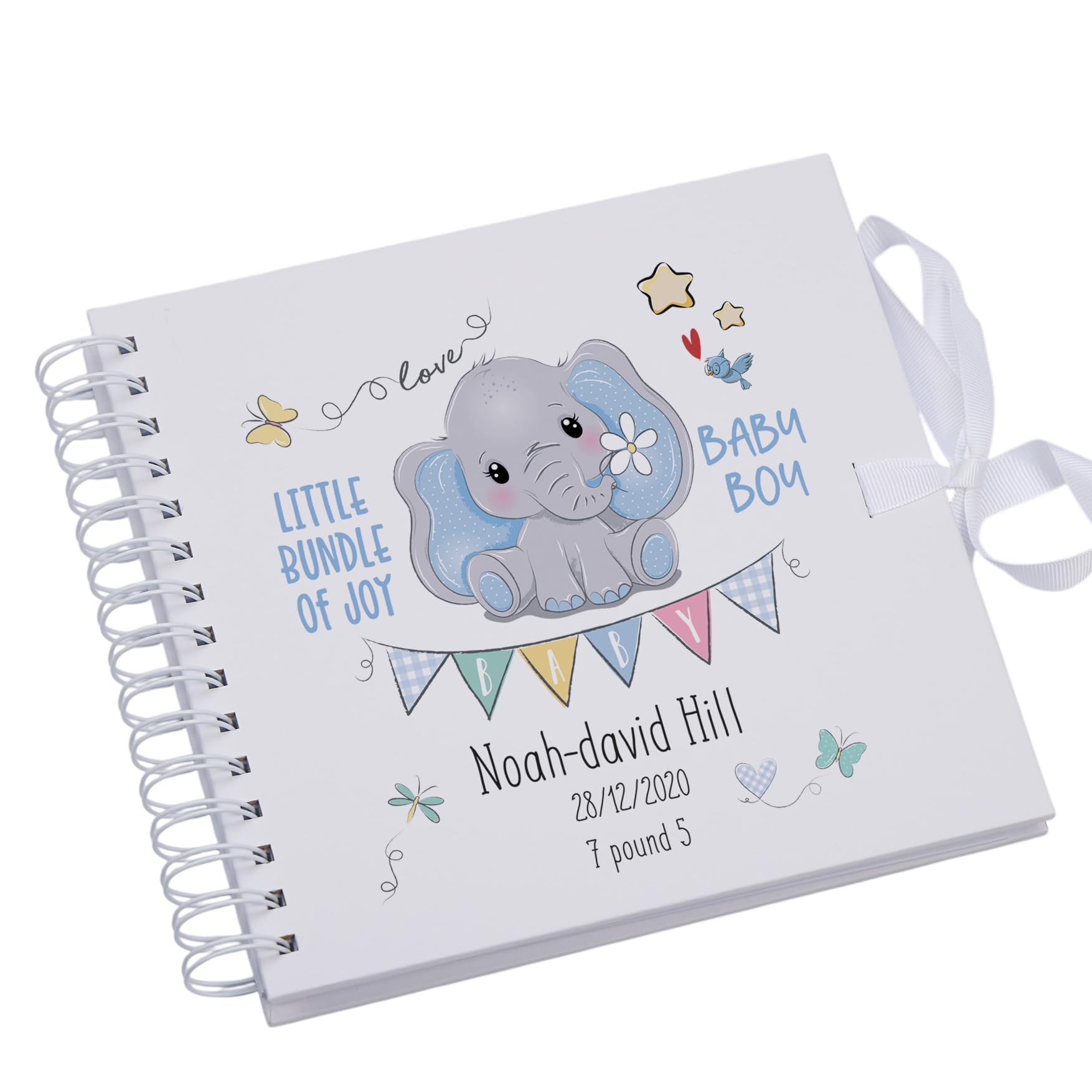 Ukgiftstoreonline Men's White Personalised Baby Boy Scrapbook Photo Album Or Guest Book With Elephant