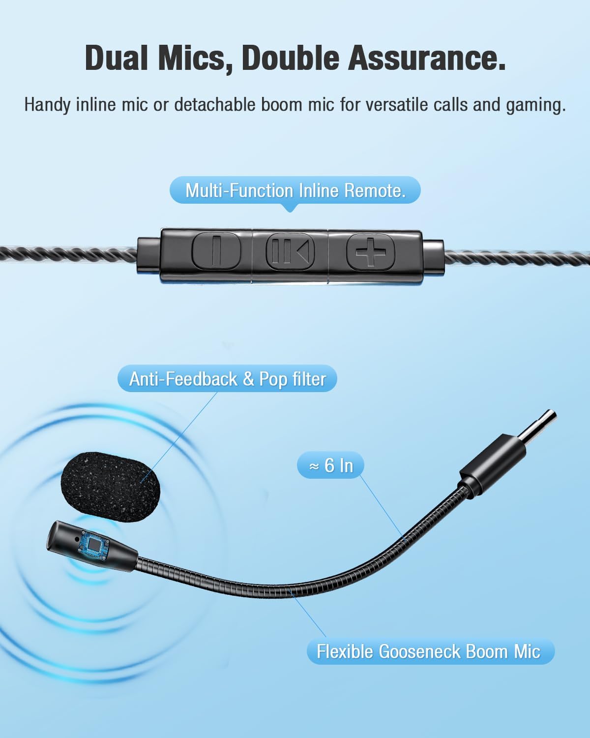 Open Ear Headphones with Microphone Detachable, Crystal Cable, 3.5mm + USB Wired Audio Control- Black - Image 6