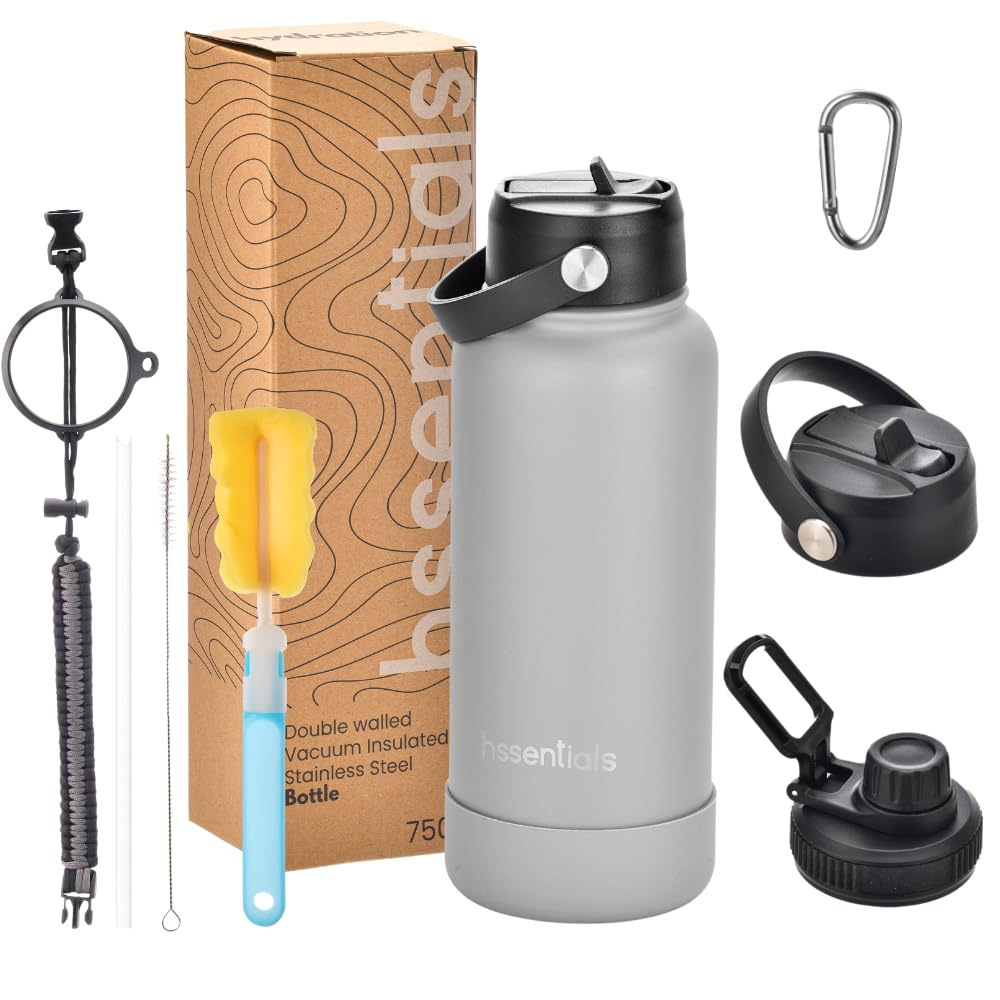Hssentials Stainless Steel Water Bottle Flask Double-Walled Vacuum-Insulated 2 Lids Eco-Friendly Perfect for Cold & Hot Drinks On The Go 100% Leakproof - Gym, School, Travel (Smoke Grey, 1000ml /34oz)