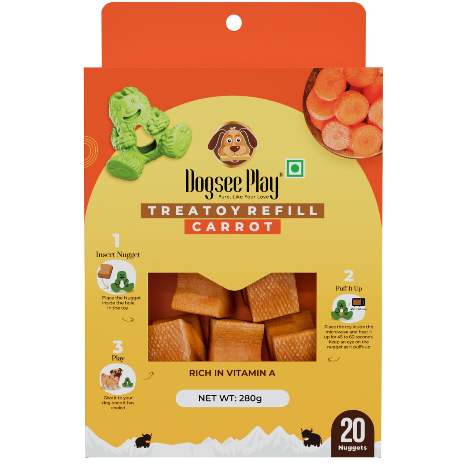 Dogsee Treatoy Yeti Toy Carrot Refill Pack 280g | Himalayan Yak Cheese Chew Nuggets | Great for Oral Hygiene | No Odor, No Mess