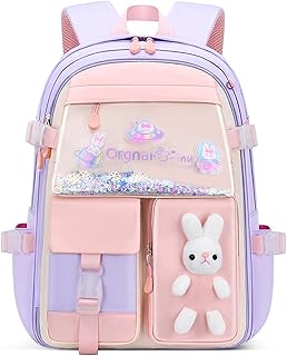 Myyunhx School Bags for Girls Kawaii Quicksand Refrigerator Door Girls Backpack Kids Backpacks for Girls Large Capacity Bunny School Bag for School Teen Girls (Purple), Purple, L