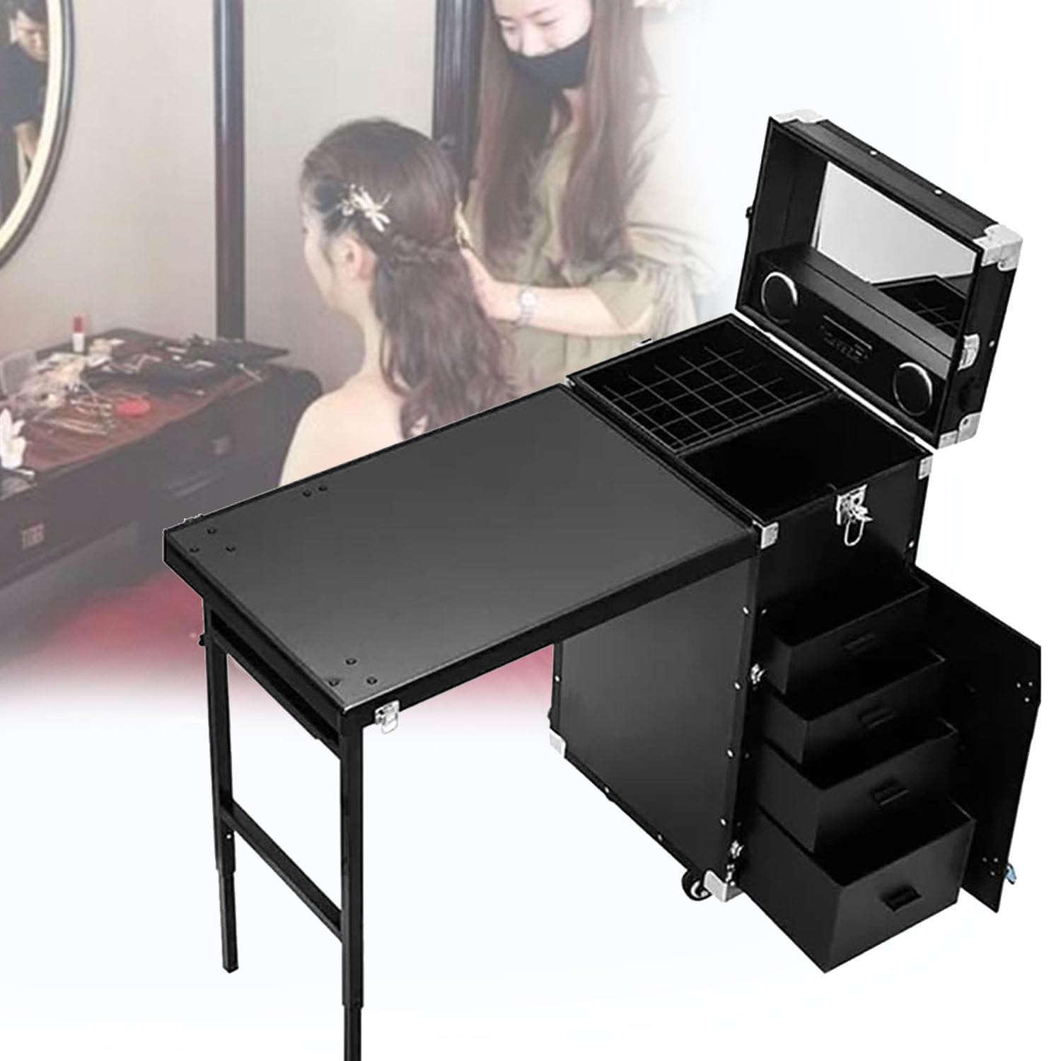 Przenośne biurko do manicure z drążkiem, schowkiem, stołem roboczym, lustrem i odtwarzaczem Bluetooth do użytku w spa i salonie