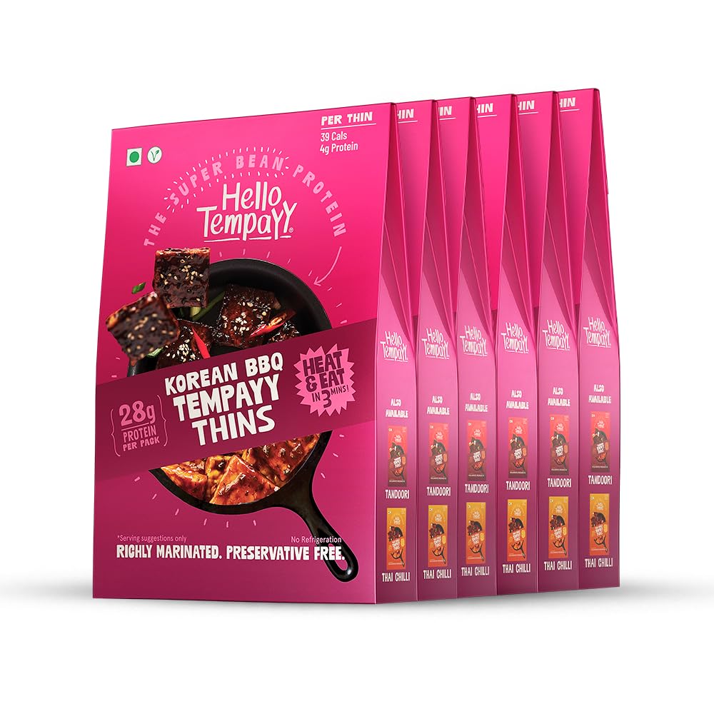Hello Tempayy Korean BBQ Tempeh Thins | Value Pack of 6 | Protein Rich | Heat & Eat | More Nutritious than Paneer & Tofu | High Fibre