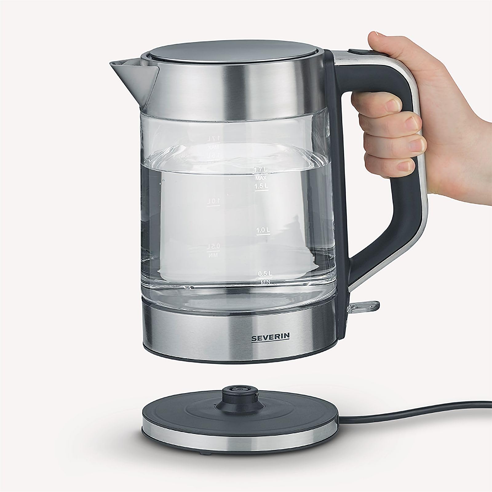 SEVERIN WK 3420 Bollitore per acqua 2200 W in vetro e acciaio inossidabile, Teiera elettrica con capacità massima di 1,7 litri, Bollitore acqua elettrico con filtro estraibile