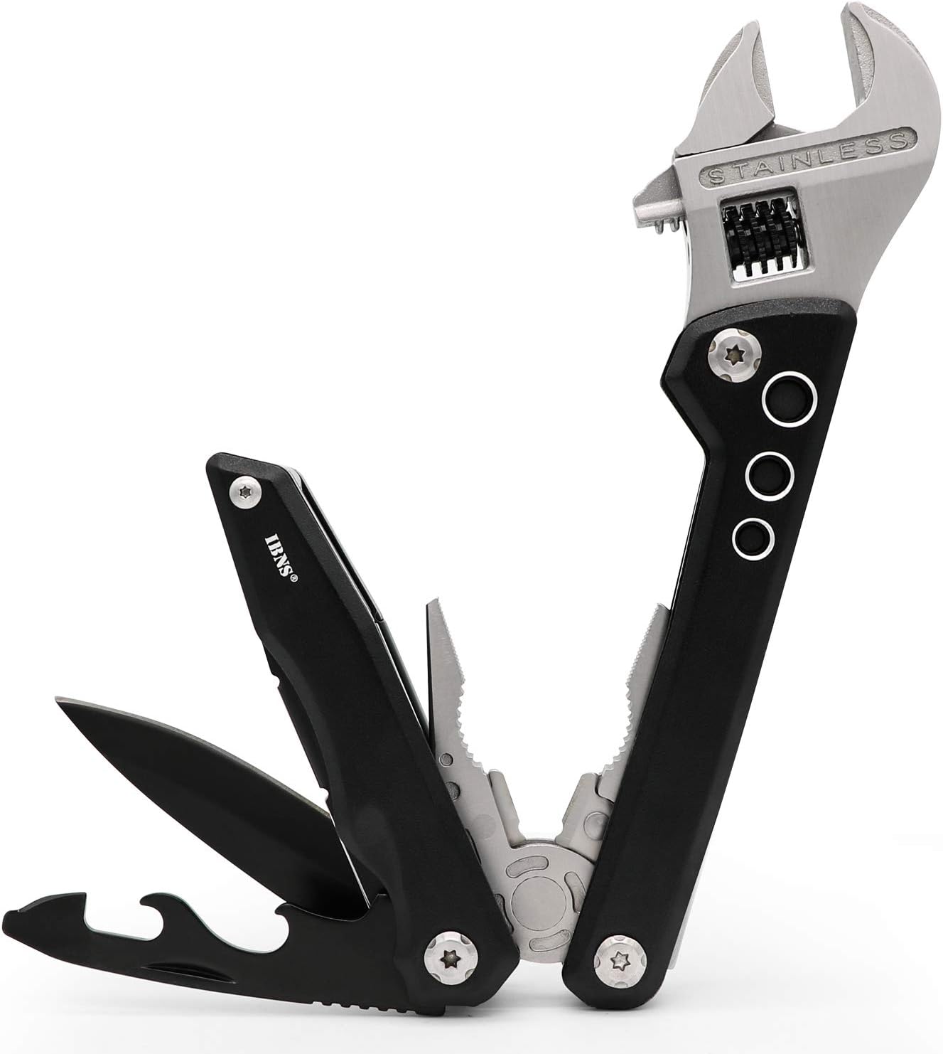 IBNSMultitool Adjustable Wrench ,7 in 1 with Screwdriver Plier Wire Cutter Knife Bottle Opener Multifunctional Adjustable Multi Purpose Stainless Steel Tool For Home Outdoor Yard Portable Folding