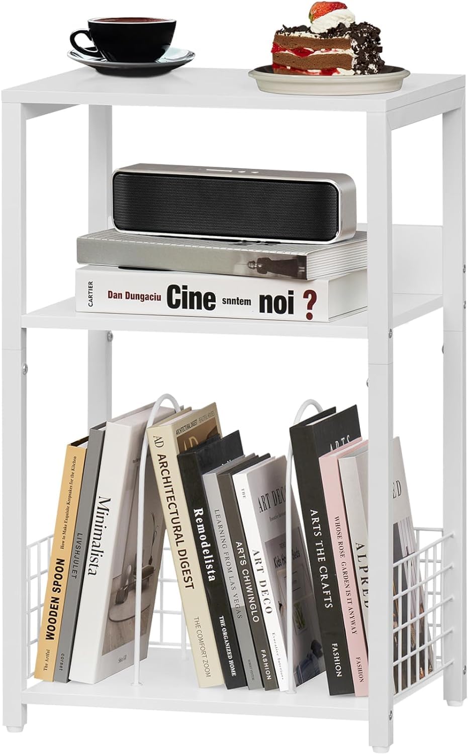 INDIDECOR 61863 White Side Table,Small End Table with Storage Shelf,3 Tier Industrial Bedside Tables,Vinyl Record Player Stand,Modern Sofa Night Stands for Living Room Bedroom Office Small Spaces