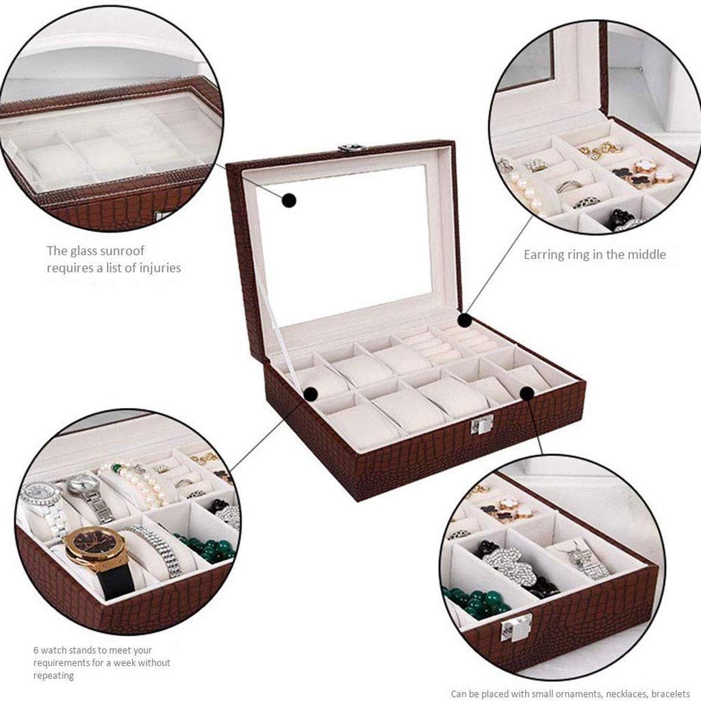 Uhrenbox-Organizer aus Leder – Uhrenvitrinen mit gerahmtem Glasdeckel, Elegante Kontrastnähte, robust und elegant