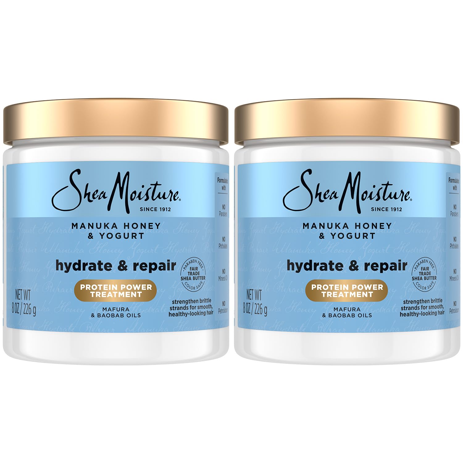 SheaMoisture Hair Mask 2-Pack, Manuka Honey & Yogurt Hydrate & Repair Protein Power Treatment, Deep Conditioner for Dry, Damaged Hair, 8 Oz Ea