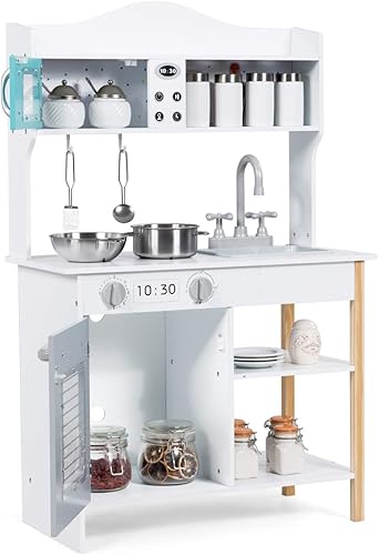 ARLIME Juego de cocina para niños, juguete de madera para niños pequeños con sonido simulado, utensilios de accesorios, pizarra, fregadero, estufa,