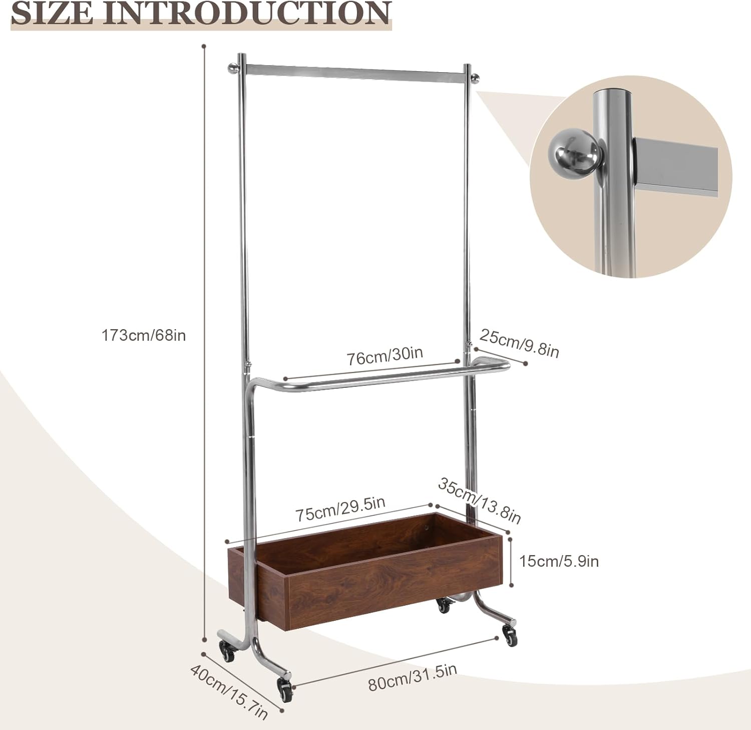 Small Clothes Rack With Wooden Storage Box Portable Rolling Wardrobe Rack Stainless Steel for Hanging Clothes Garment Wallets Hats