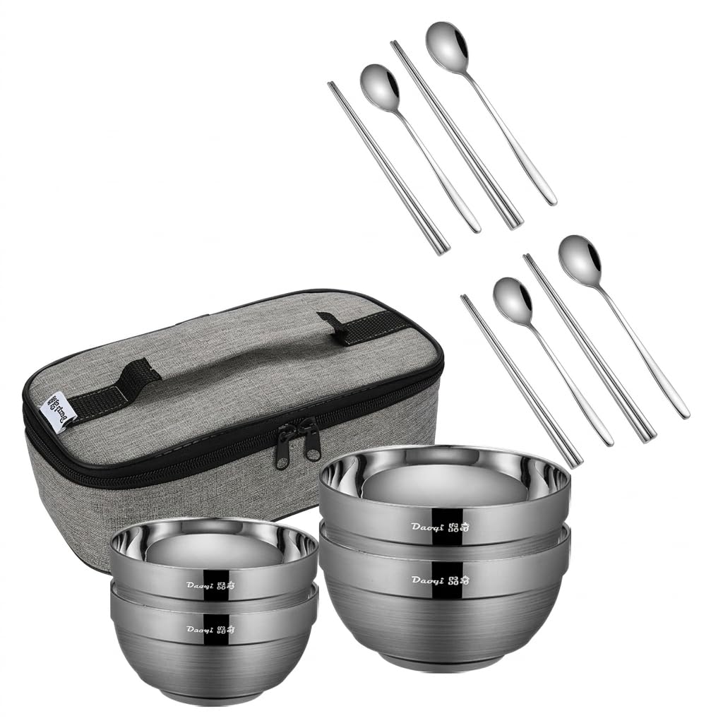 Reisebesteck Edelstahl Set mit Schüssel, Löffel & Essstäbchen – Tragbares Camping Geschirr für unterwegs, Erwachsenen- und Kinder-Set, 4 Schalen, 4 Löffel, 4 Essstäbchen, 1 Tasche