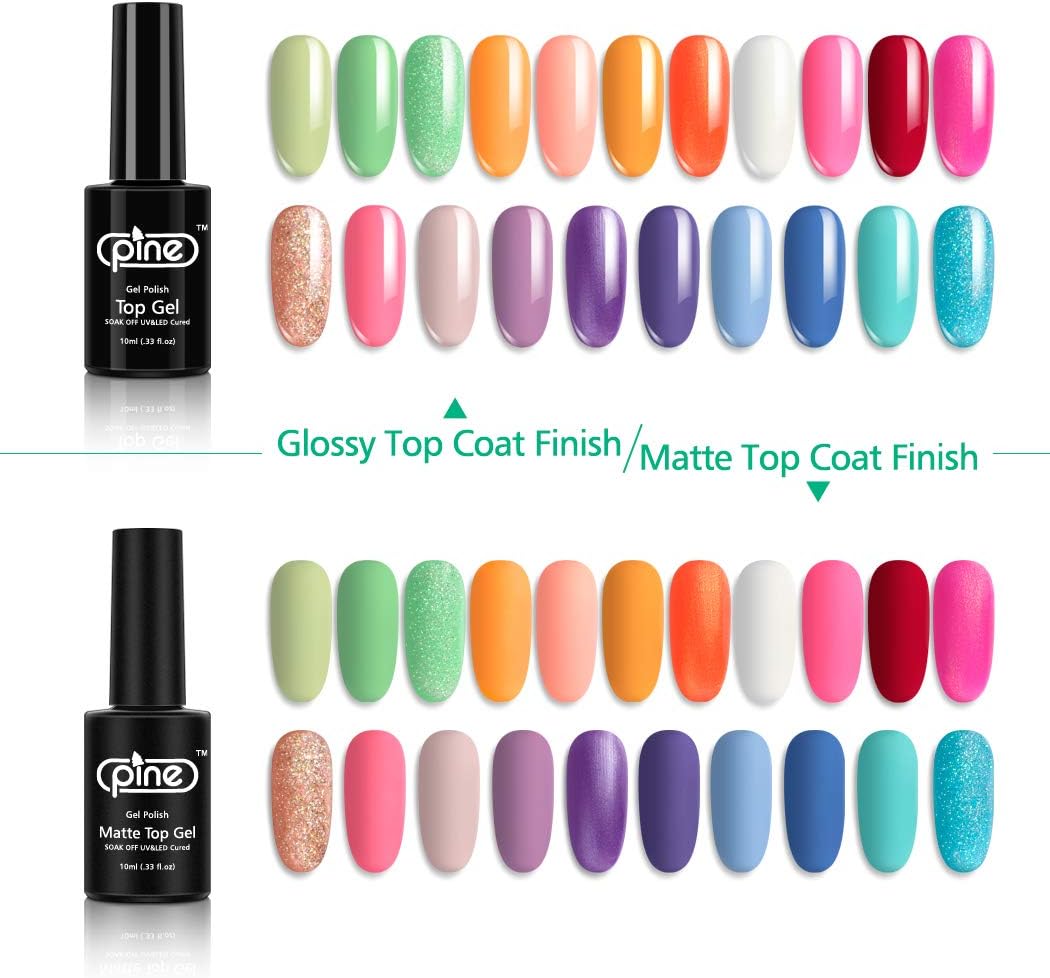 Pine 21 Colors Gel Nail Polish Set with Base No Wipe Glossy Top Matte Top Coat 24 Pcs Soak Off UV LED Gel Green Red Purple Blue Shimmer Glitter Nail Art Manicure