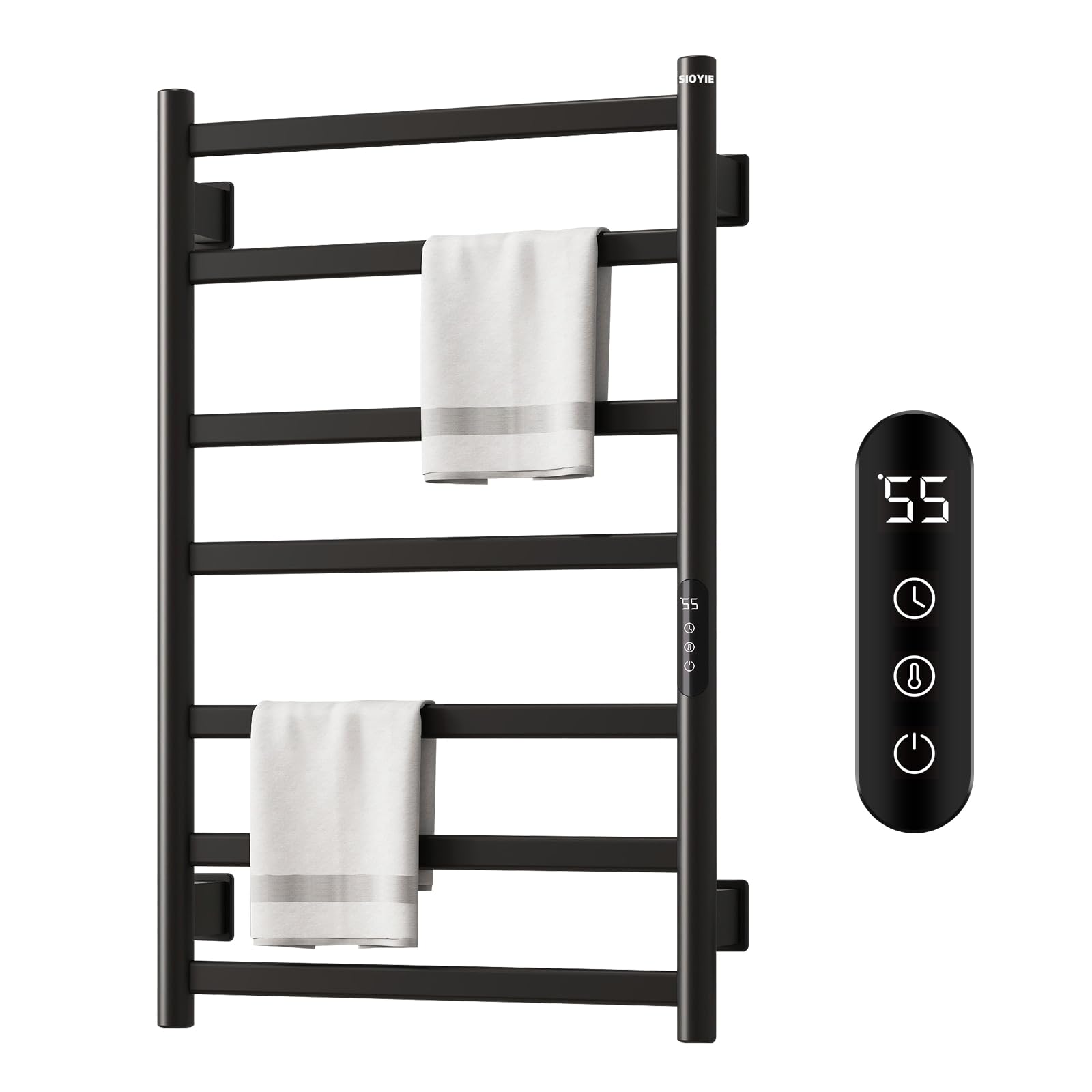 GM Ultra Towel Warmer, Electric Heated Towel Racks with Intelligent Touch Screen Timer and Temperature Control, 150W 7 Bars Wall Mounted Towel Warmer Racks, Hard Wired/Plug-in, Black