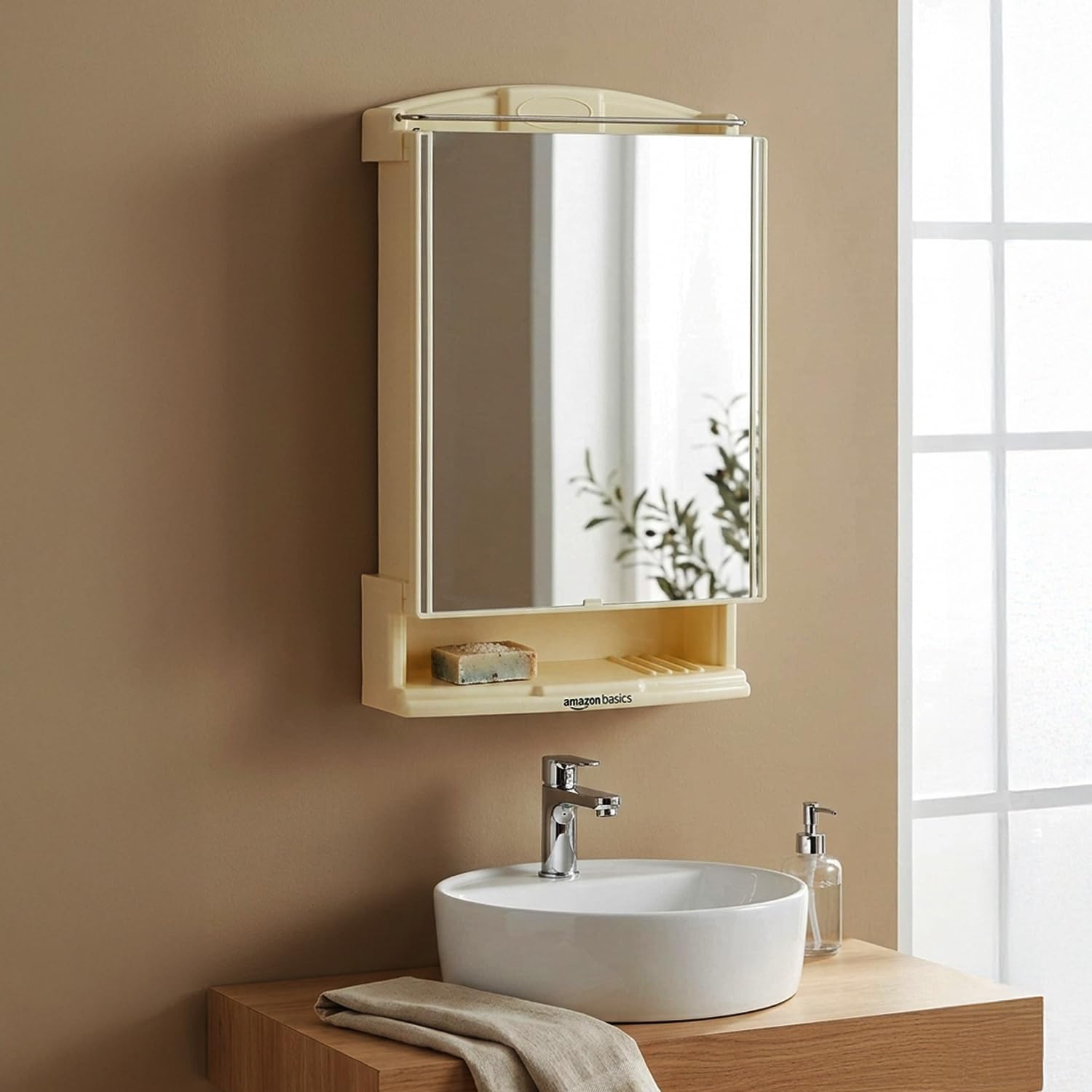 Amazon Basics Plastic Multipurpose, Wall-Mounted Storage Cabinet with Mirror, Small (Ivory)