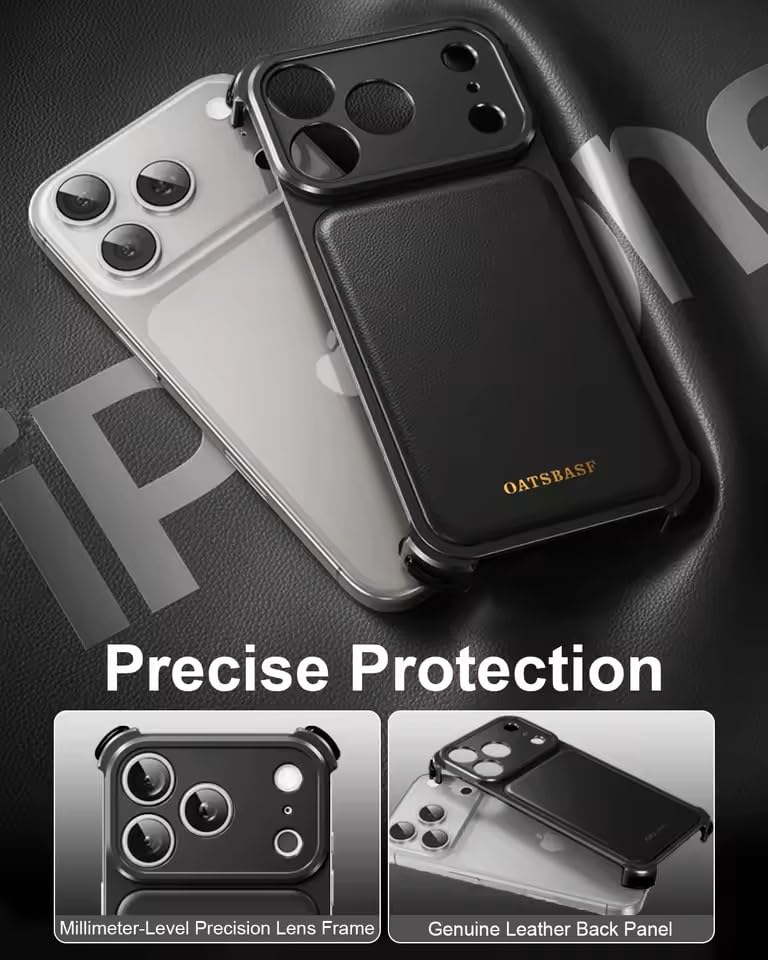 Image of Luxury Leather Phone Case Compatible with iPhone 17 Pro Max | Frameless Aluminum Alloy Bumper | Shockproof Cover - Black