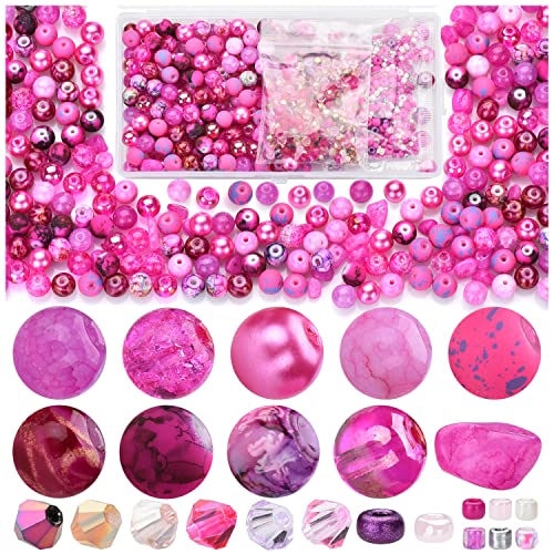 Image of Rired 27 8mm Round Glass Beads Kit, Craft Beads for Bracelet Making, Hot Pink Color with 4mm Bicone Crystal Beads, 2-4mm Spacer Seed Beads for Jewelry Making, Necklace, Phone Charms, DIY Earrings