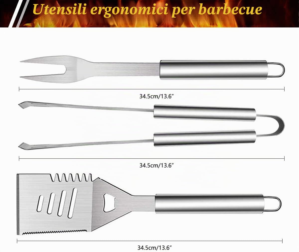 Set di Utensili Barbecue, 3 Pezzi Kit di Accessori per Barbecue Set - Completo Attrezzi BBQ in Acciaio Inossidabile Posate per Campeggio/Regalo per Natale, Compleanno, Regalo di papà Ideale per