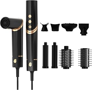 8 in 1 Hair Dryer Hot Air Brush Set with 110,000 RPM | High-Speed Negative Ionic Automatic Curling Iron, Professional Air Styling and Drying System Curling Volumizing(Black)