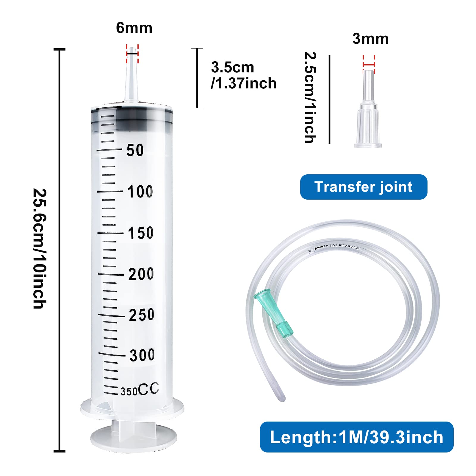 Lot de 2 seringues en plastique réutilisables de 300 ml/350 ml avec tuyau - Pour laboratoire, jardin, nourriture pour animaux, industrie