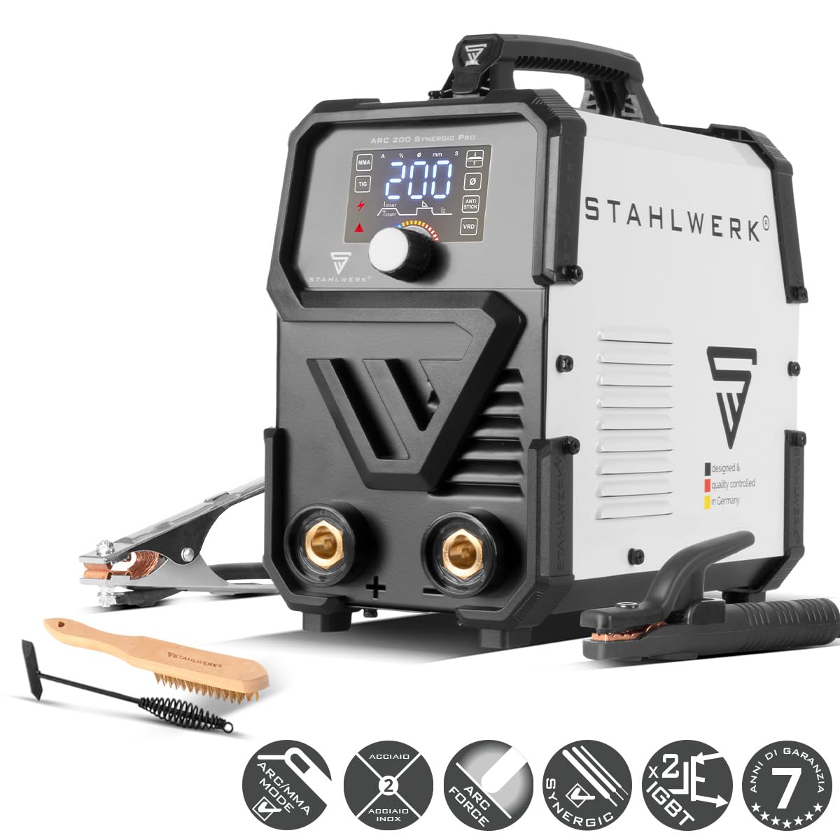 STAHLWERK Saldatrice ad elettrodo ARC 200 Synergic Pro Digitale – MMA fino a 200 A, saldatura senza gas, Inverter Lift-TIG, Hotstart, Anti-stick, Smart Cooling