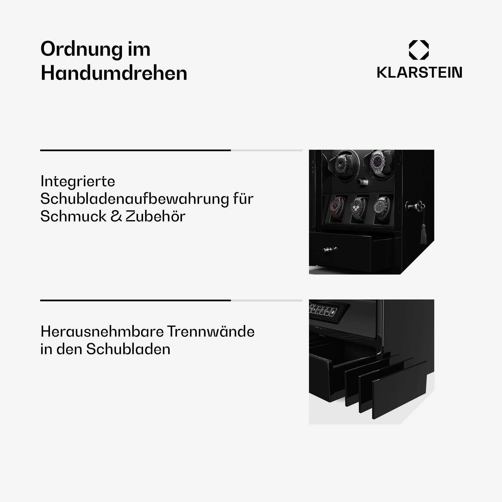 Klarstein ChronoVault Uhrenbeweger für 5 Uhren – Automatik-Uhrenbeweger mit Leisem Japanischem Motor, Veganes Leder, 4 Rotationsmodi & 3 Richtungen, LED-Beleuchtung & Schmuckschublade