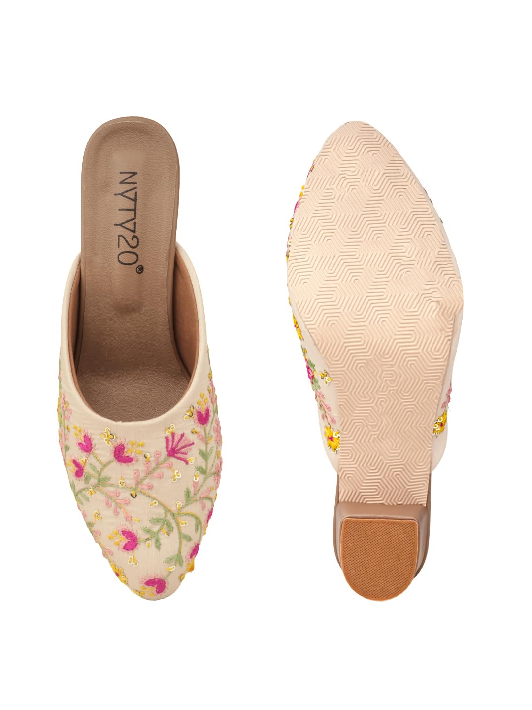 NYTY20 Women's Embroidered Mules, Floral Multi Colour Thread Work, Pointed Toe, Cream Low Block Heel, Traditional Jutti Style-image-36