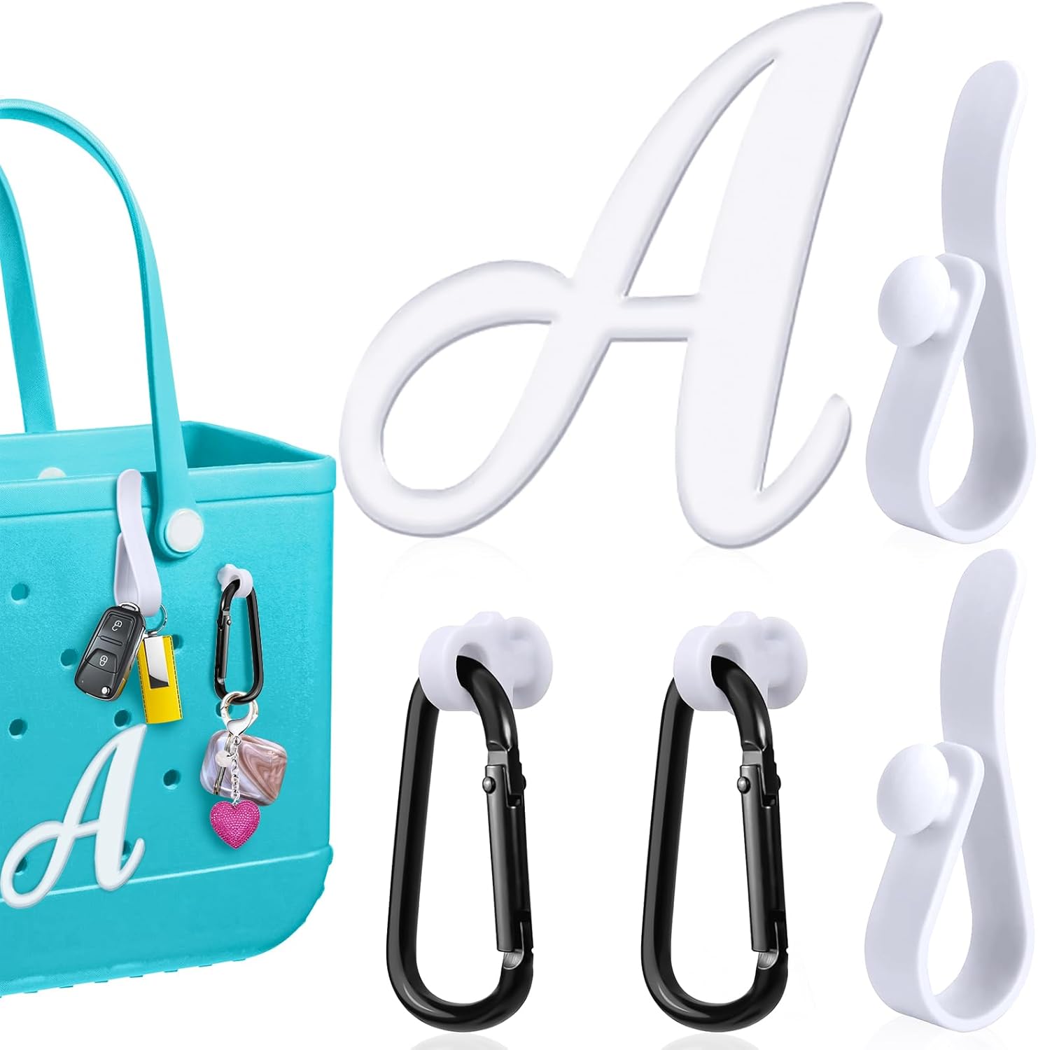5 Pcs Hooks Accessories for Bogg Bag, Insert Letter Charms Carabiner Keychain Key Holder Compatible for Small & Large Handbag Beach Tote Bag 5 Pcs Hooks Accessories for Bogg Bag, Insert Letter Charms Carabiner Keychain Key Holder Compatible for Small & Large Handbag Beach Tote Bag