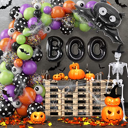 Ballons Halloween Set, Halloween Decoration Kit, 94 Pcs Kit Halloween avec Ballons d'Halloween Vert Violet Noir Orange Chauvesouri Boo, Toile d'Araignée, Chauve-Souris 3D Sticker, Happy Halloween Set Cover