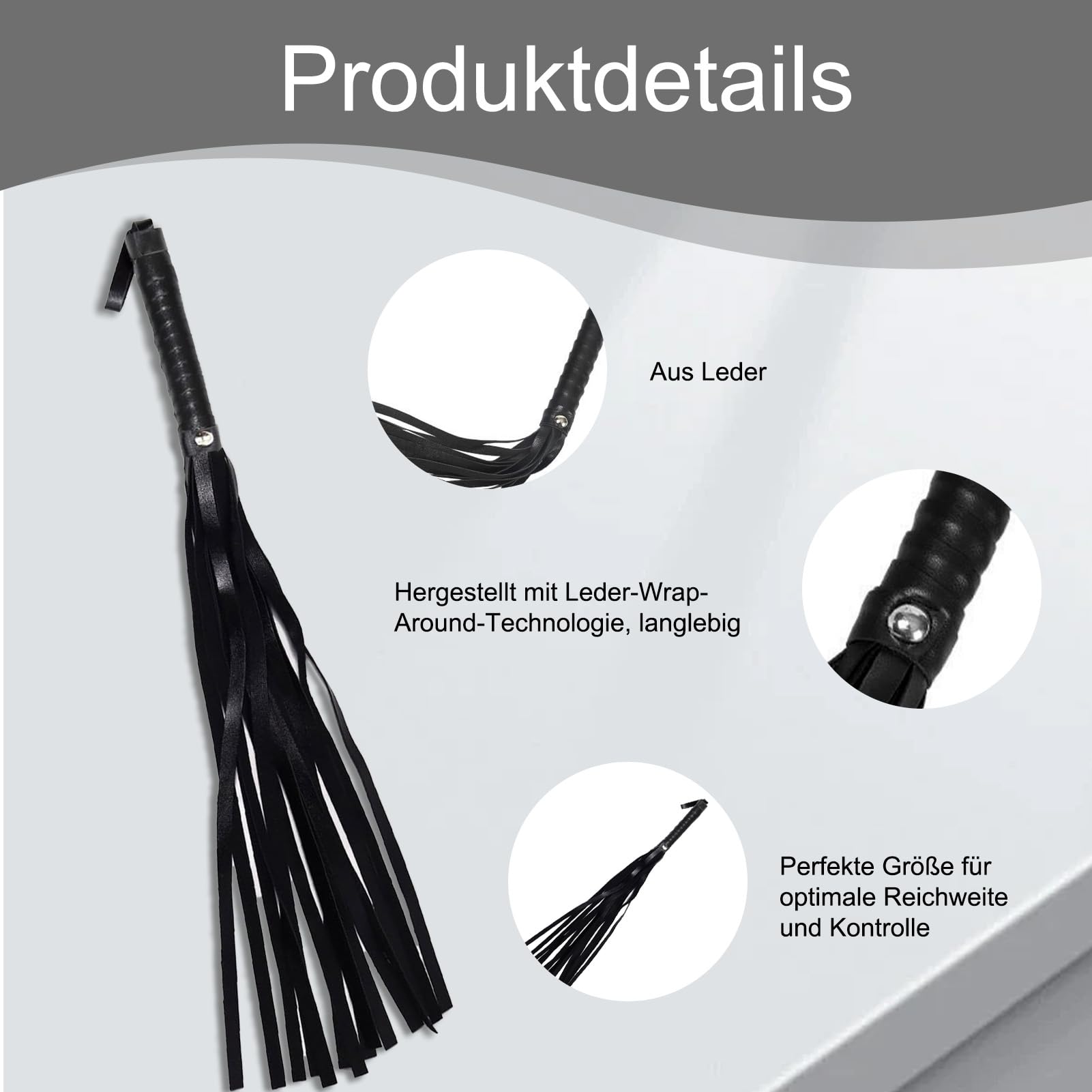 Frusta Nera da 48 cm, Frusta da Equitazione con Impugnatura in Pelle, Adatta per spettacoli equestri, addestramento Cavalli, spettacoli teatrali e Giochi di Ruolo