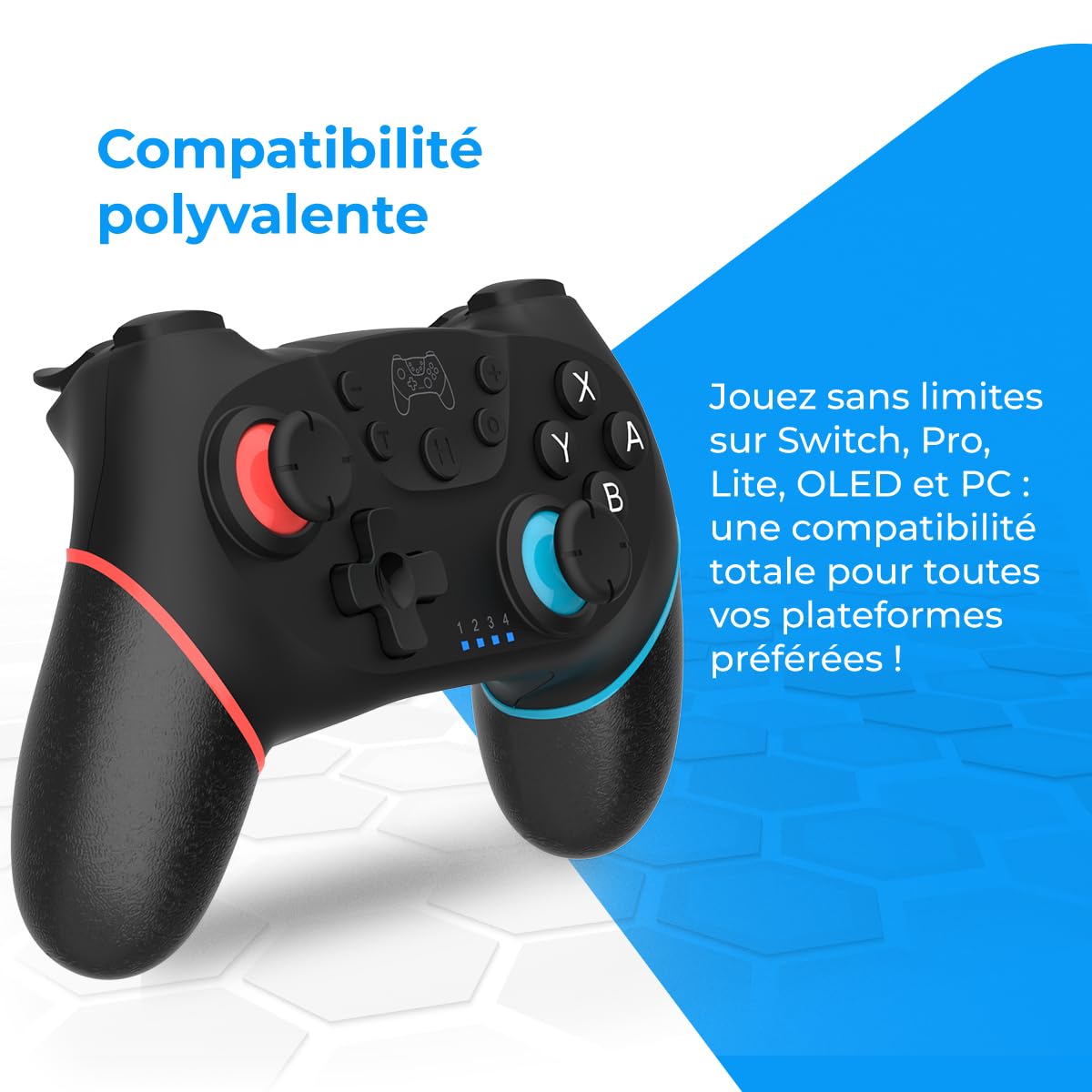 NK Manette Sans fil – Compatible avec Switch/Switch 2/OLED/Lite/Pro avec fonction Wake, réglages macro, Bluetooth, 6 axes, fonction turbo, double choc, double vibration - Couleur noire (rouge et bleu)