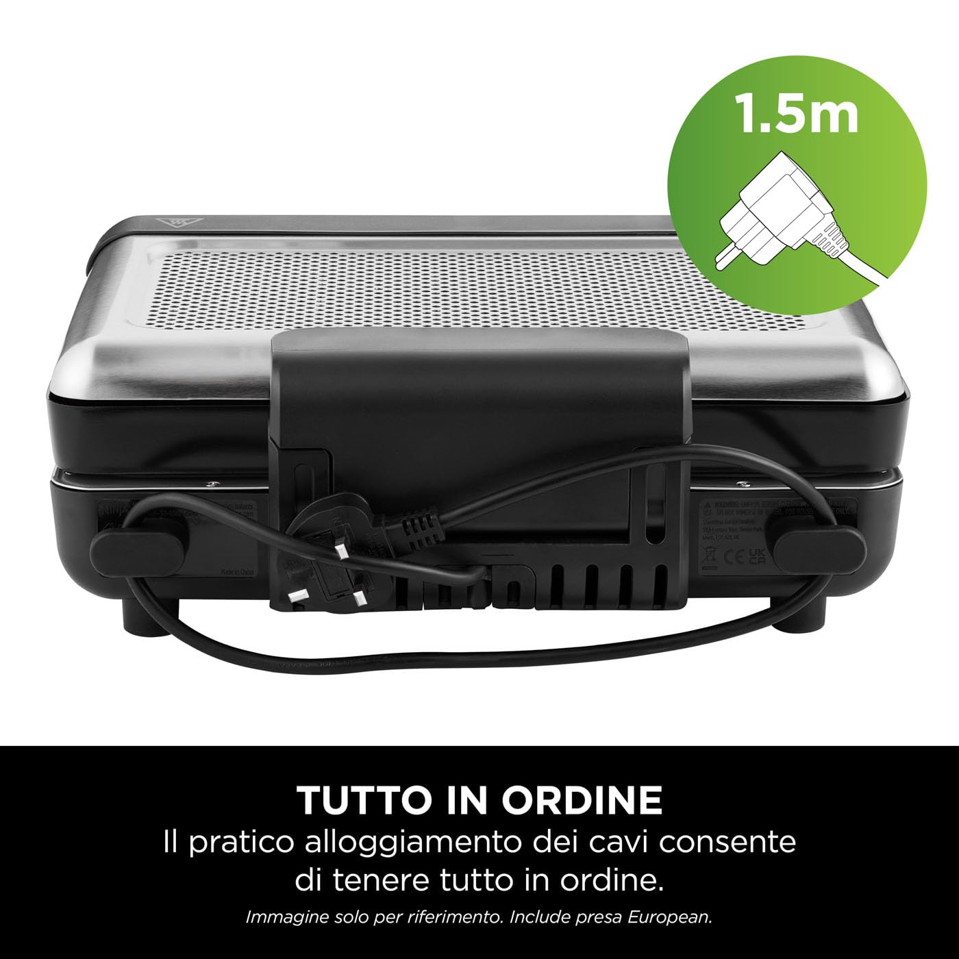 Ninja Sizzle Griglia Elettrica e Piastra Antiaderente per Interni, Coperchio Rimovibile Lavabile in Lavastoviglie, Vaschetta Raccogli Grasso, Manopola per Temperatura e Ricettario, Grigio GR101EU