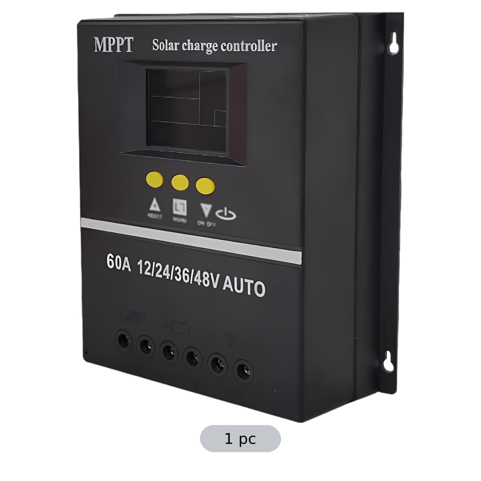 Regolatore di carica solare Maximum Power Point Tracking 60 A, auto 12 V 24 V 36 V 48 V, display LCD, diverse funzioni di protezione, alloggiamento in metallo nero, regolatore compatto 19,5 x 18,2 x