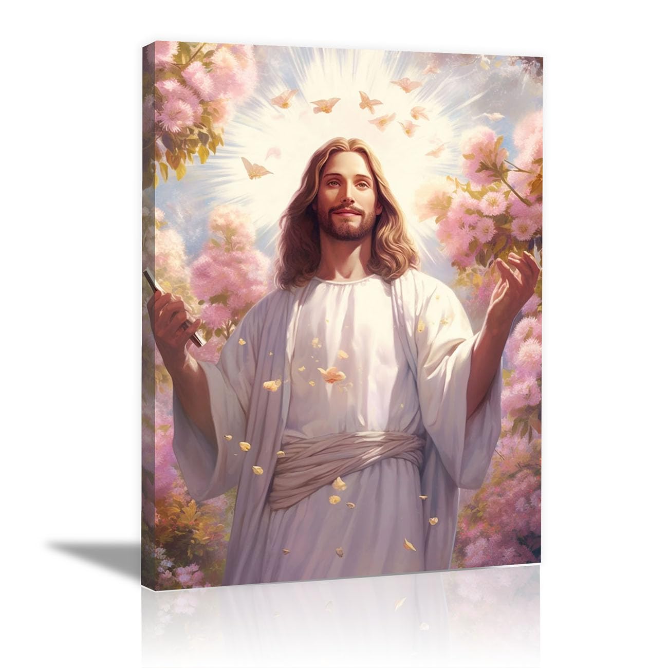 QUSAAOU Canvas Wall Art Jesus Portrait a Sacred Woman icture Christianity Cross Poster Print Painting for Living Room Bedroom Prayer Room Home Decorate(pink)-70x100cm Framed