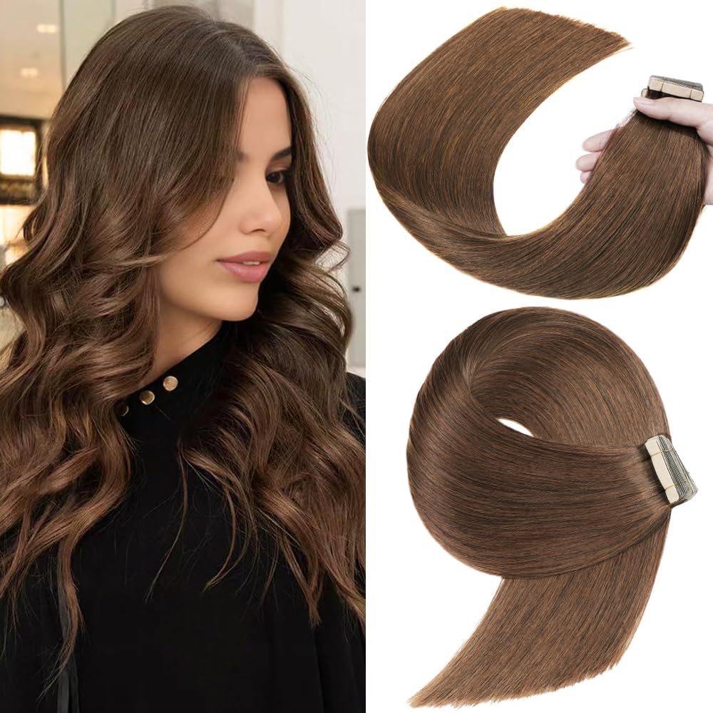 YDDM Extensiones de pelo humano con cinta adhesiva, 20 unidades, 60 cm, 50 g, color marrón claro con rubio dorado — view 11
