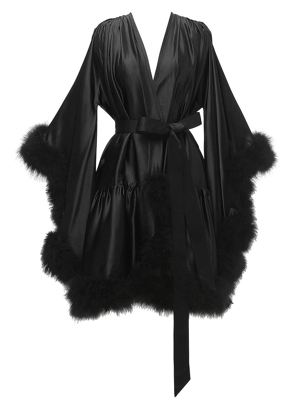 Changuan Womens Feather Robe Silk Satin Bridal Robe Wedding Dressing Gown Bridesmaid Robes Lingerie Bathrobe Sleepwear Black Small-Medium