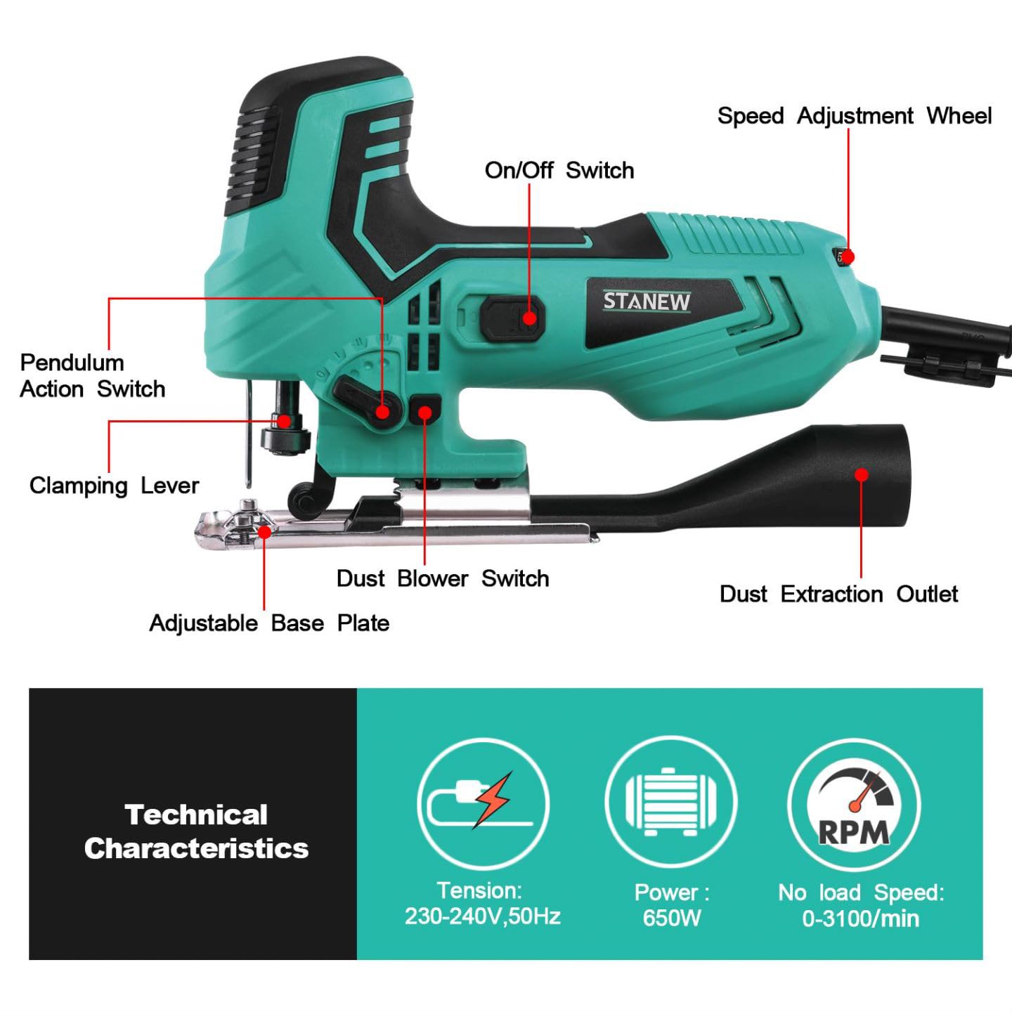 STANEW Seghetto Alternativo 650 W，oscillazioni al min. 1000-3000RPM，6 Velocità Regolabili, 5 lame, Angolo di Taglio da 45º, Profondità: Legno/Alluminio/Metallo: 65/6/6 mm