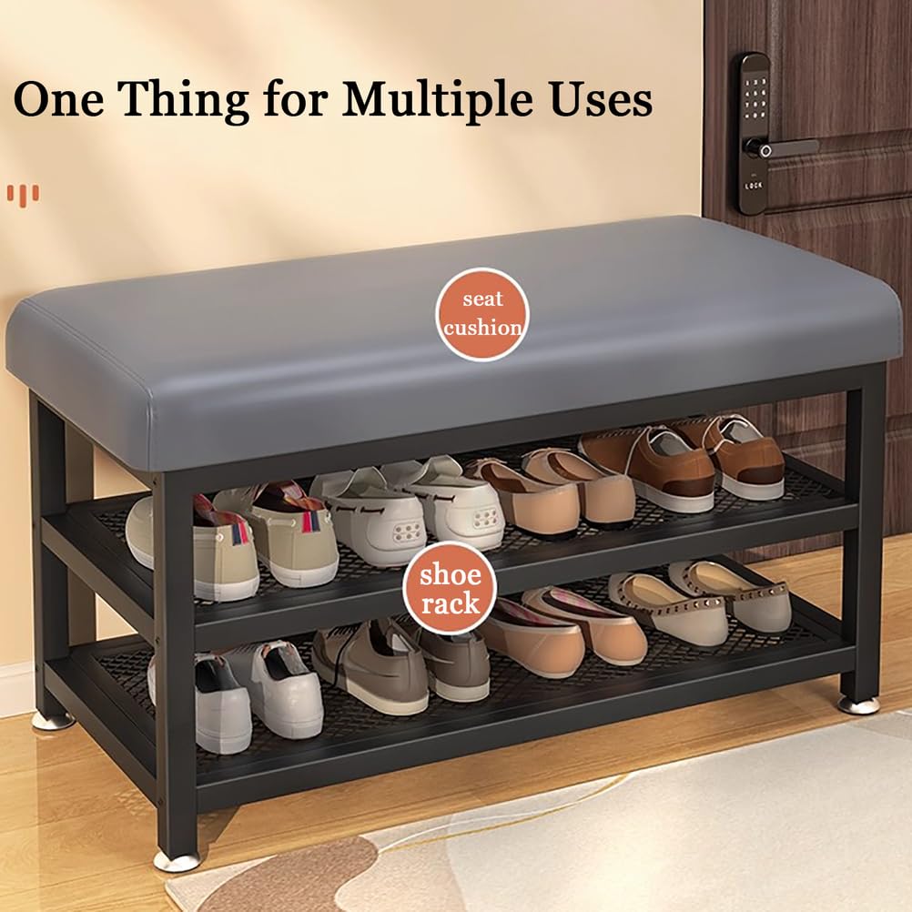 ZTGL Schuhbank mit Sitzfläche, Sitzbank mit Stauraum, Sitztruhe Platzsparend, Schuhregal mit 2 Gitterablagen für Eingangsbereich, Flur, Wohnzimmer, Metallgestell,C,80cm